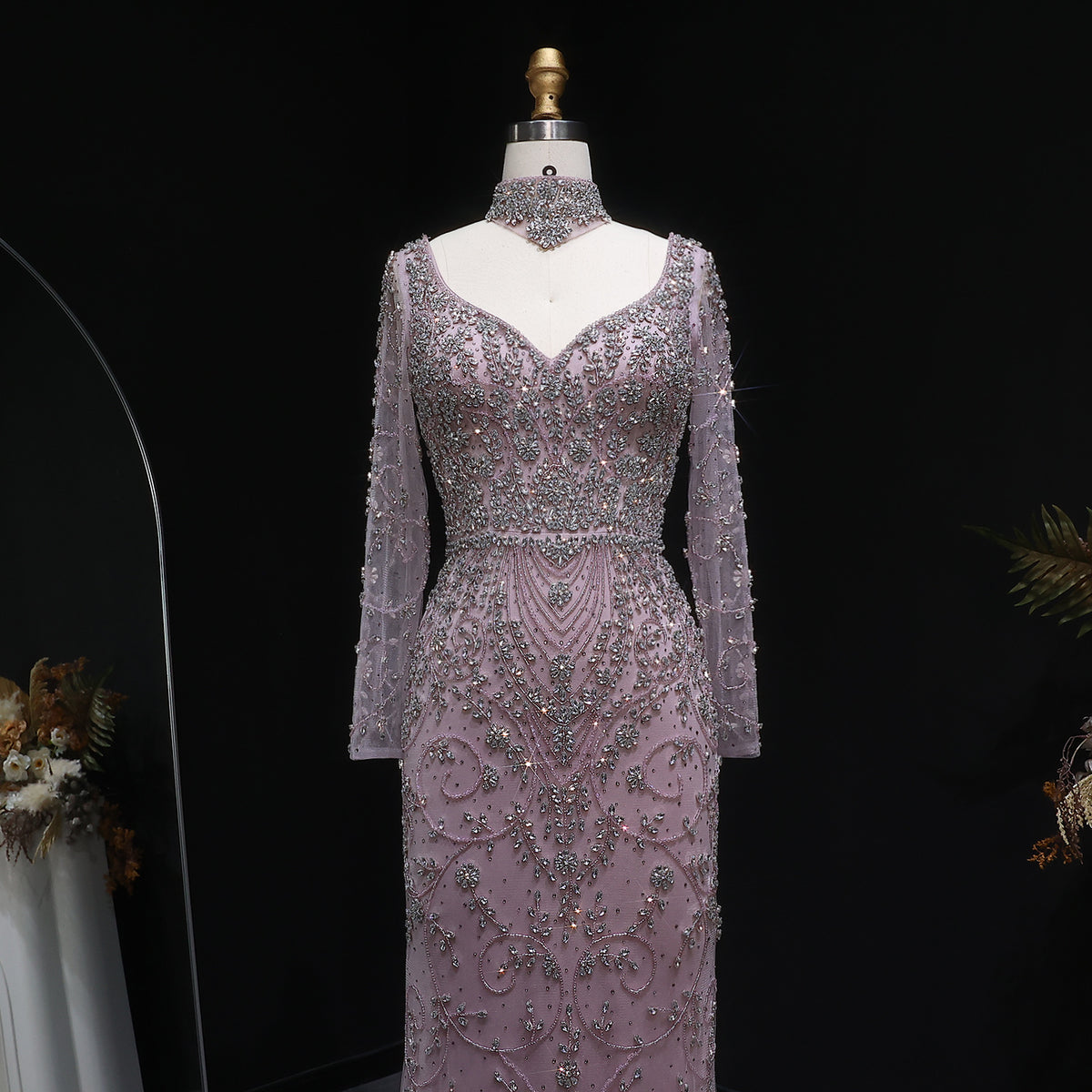 Elegant Pink Beaded Long Sleeve Evening Dress with Neck Ring SS181 