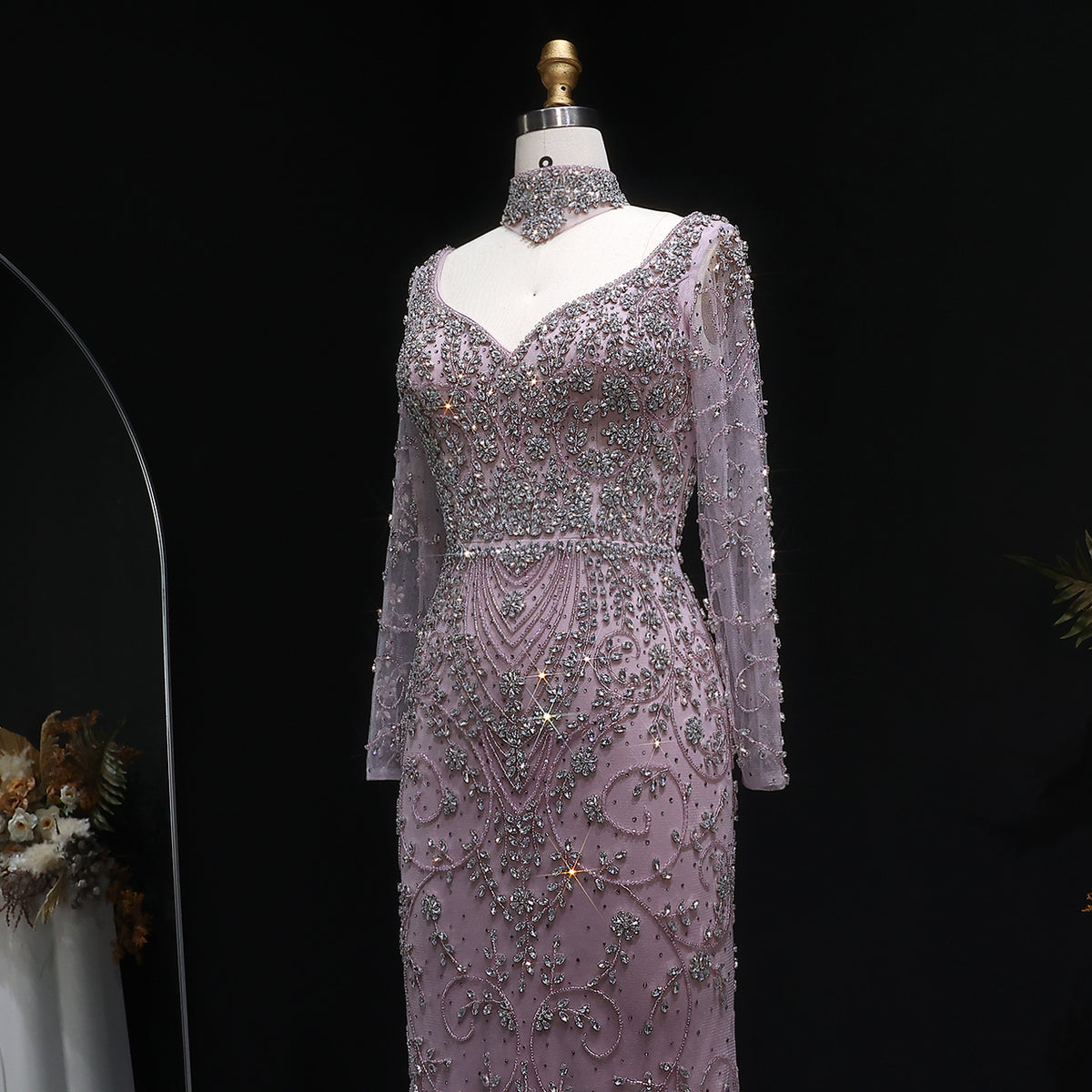 Elegant Pink Beaded Long Sleeve Evening Dress with Neck Ring SS181 