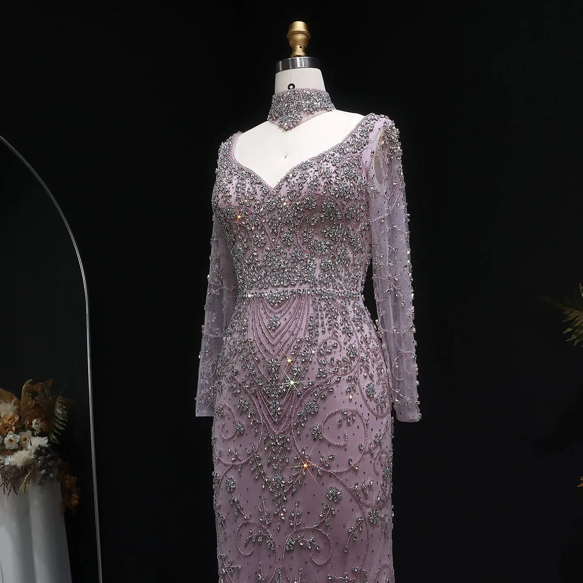 Elegant Pink Beaded Long Sleeve Evening Dress with Neck Ring SS181 