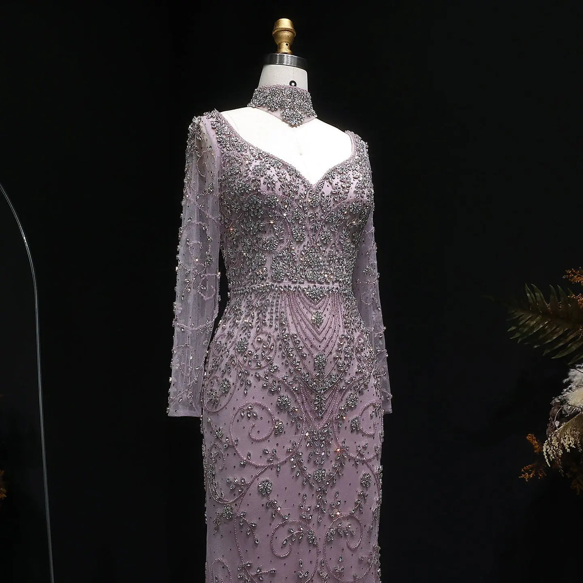 Elegant Pink Beaded Long Sleeve Evening Dress with Neck Ring SS181 