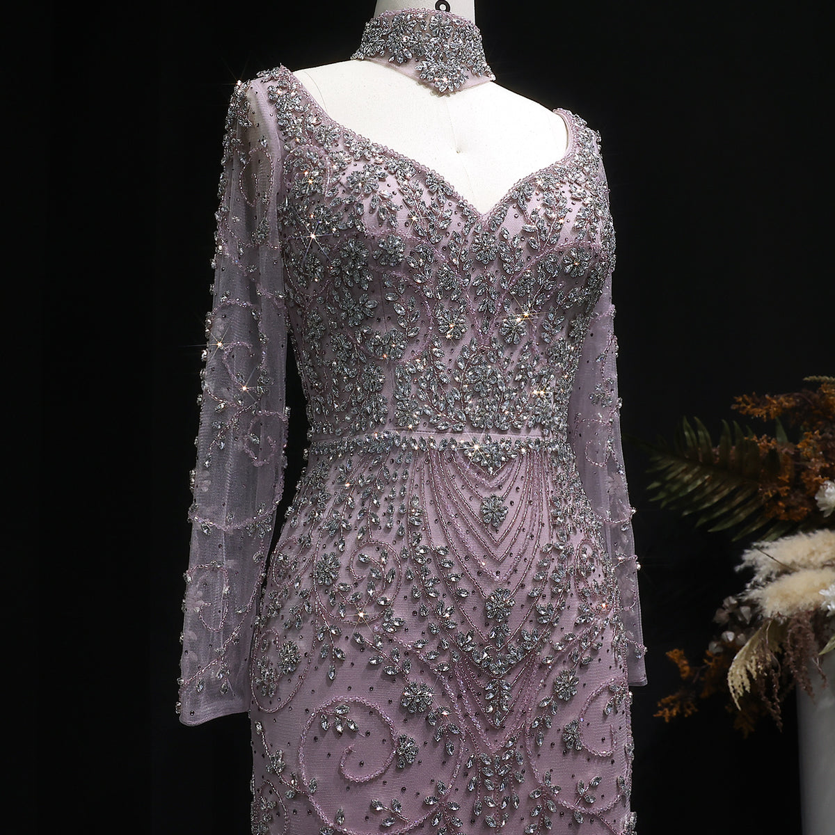 Elegant Pink Beaded Long Sleeve Evening Dress with Neck Ring SS181 