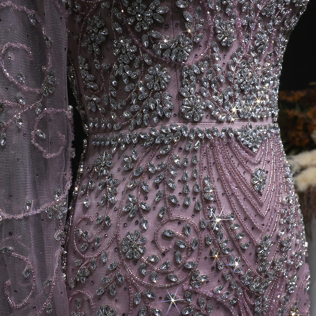 Elegant Pink Beaded Long Sleeve Evening Dress with Neck Ring SS181 