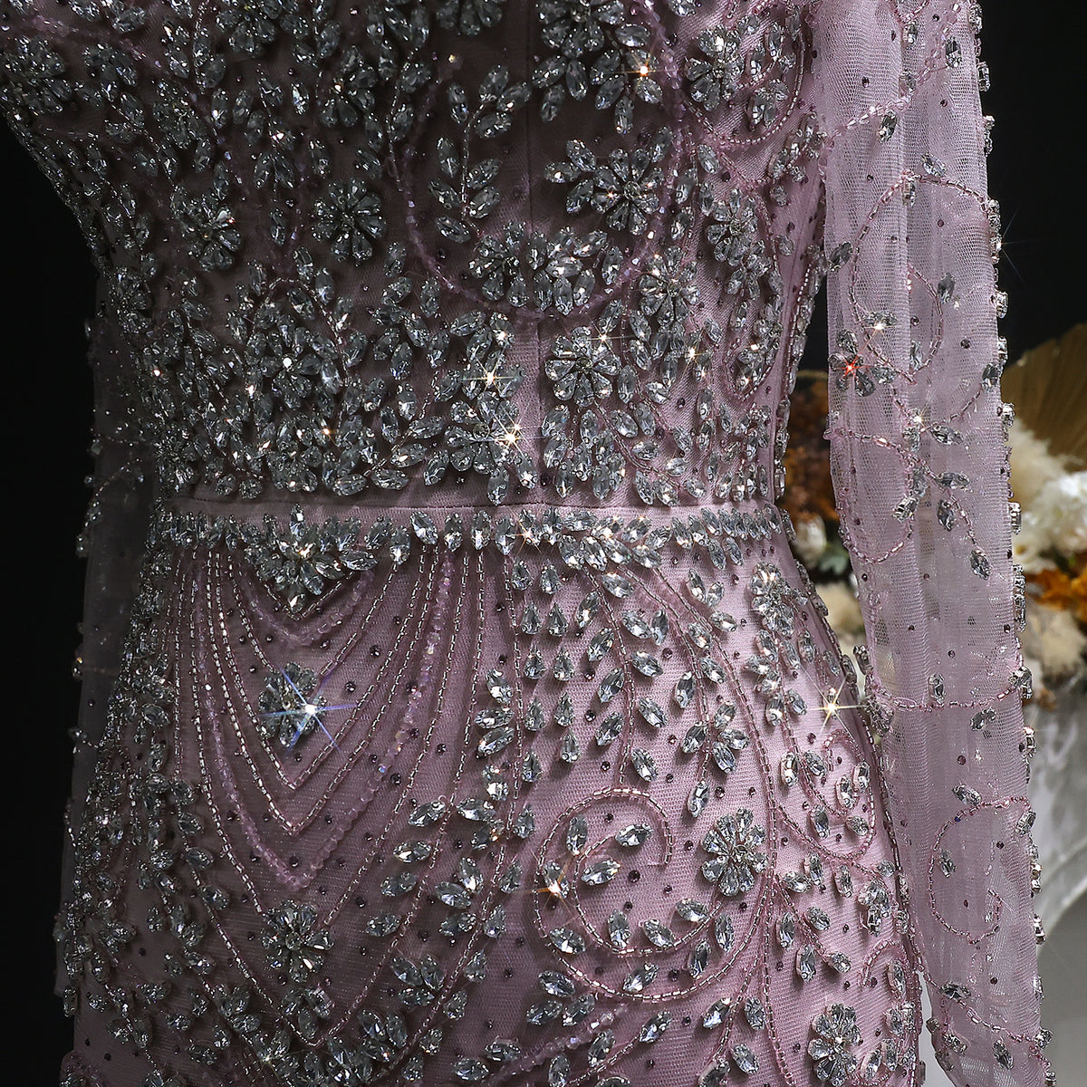 Elegant Pink Beaded Long Sleeve Evening Dress with Neck Ring SS181 