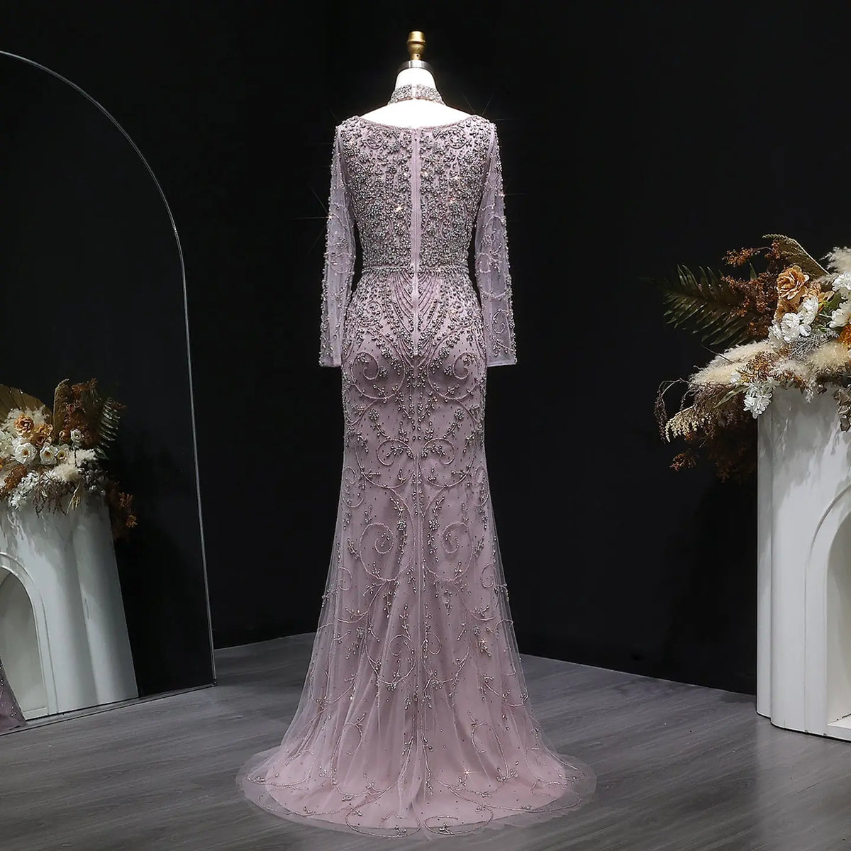 Elegant Pink Beaded Long Sleeve Evening Dress with Neck Ring SS181 