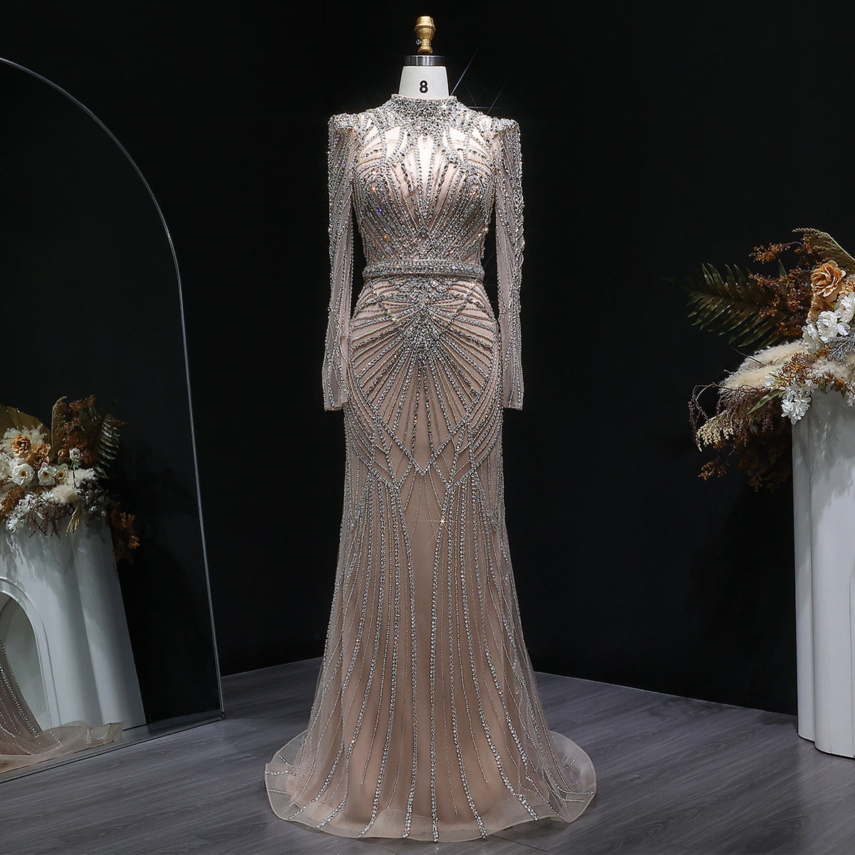 Luxury Wine Red Beaded Crystal Long Sleeve Evening Dress SS186 