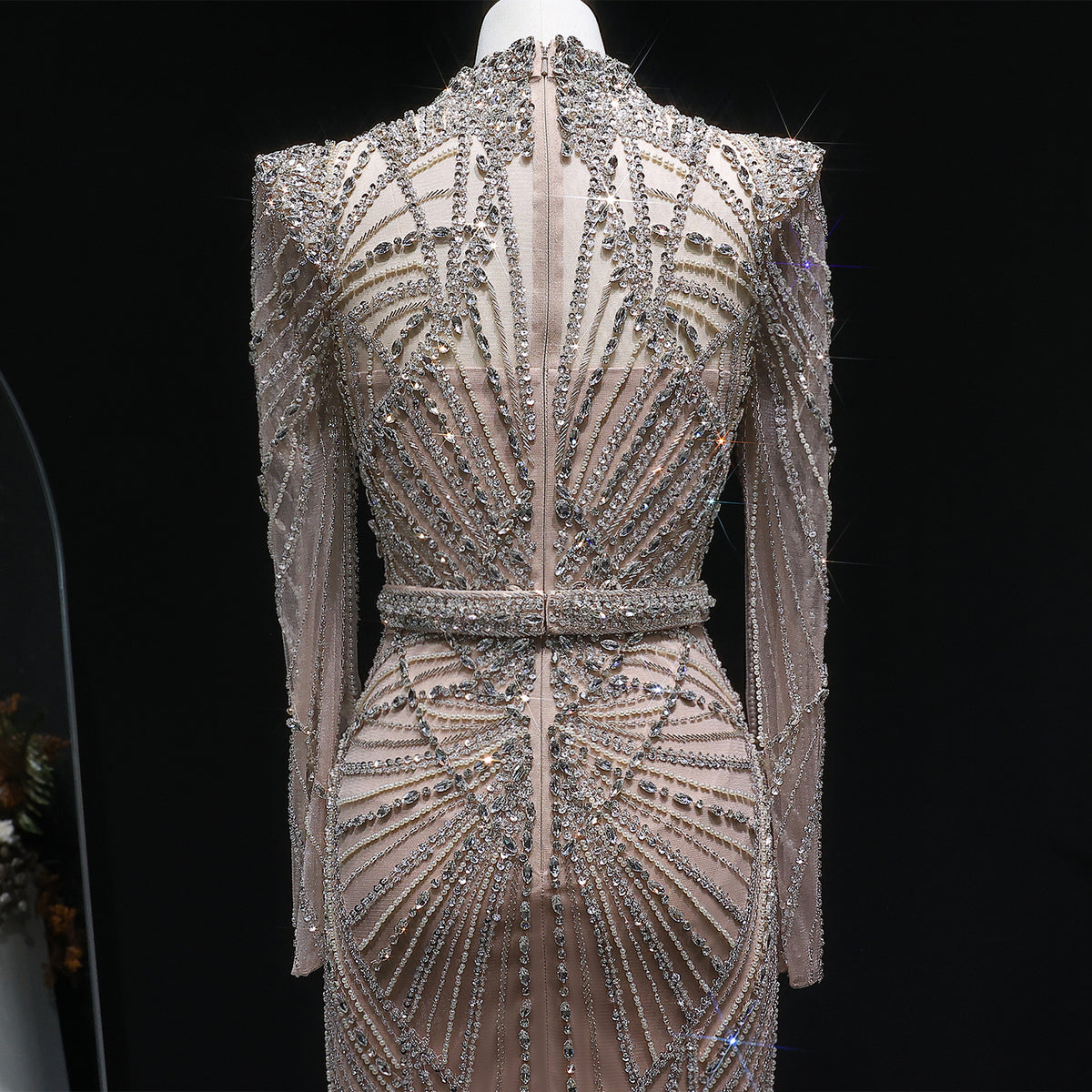 Luxury Wine Red Beaded Crystal Long Sleeve Evening Dress SS186 