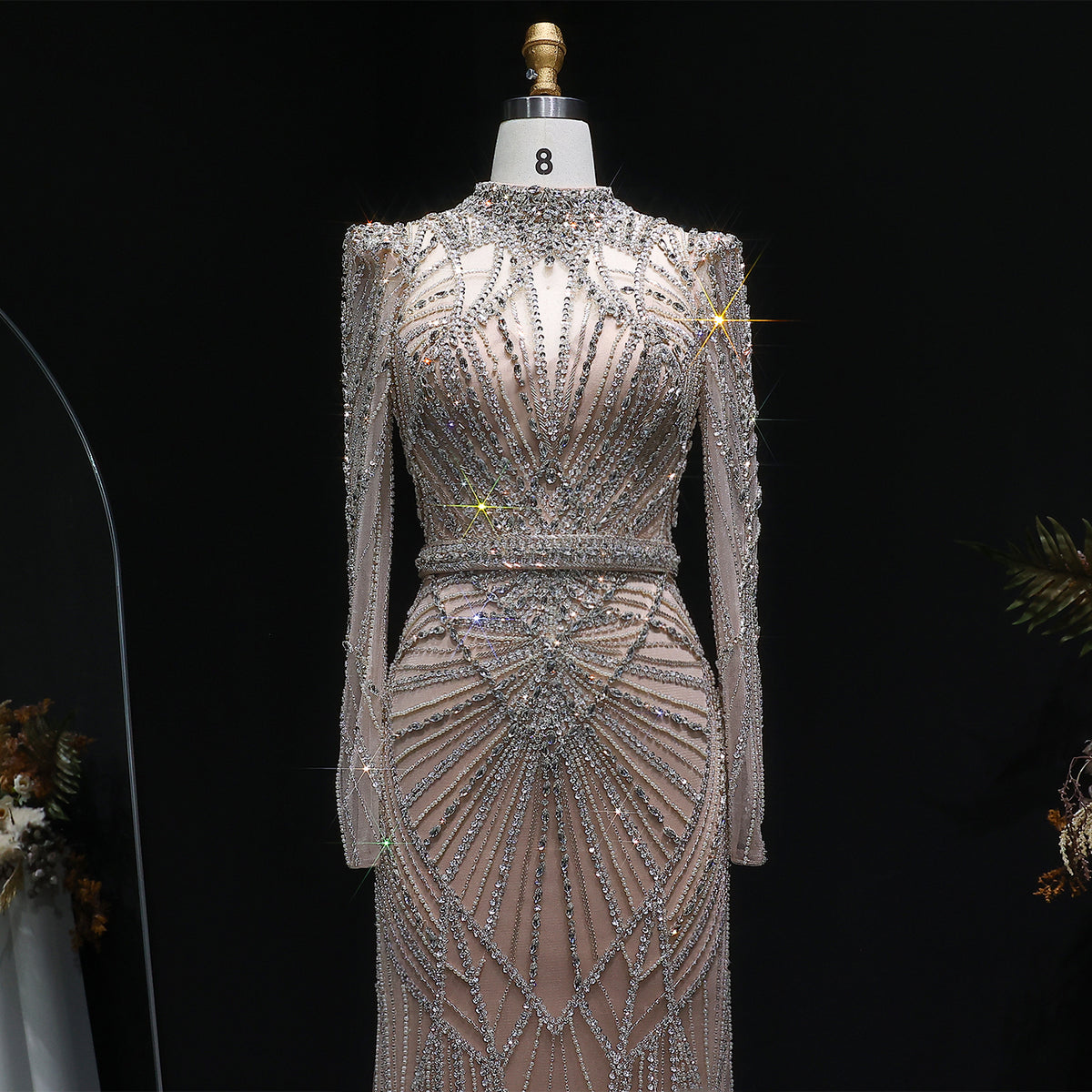 Luxury Wine Red Beaded Crystal Long Sleeve Evening Dress SS186 