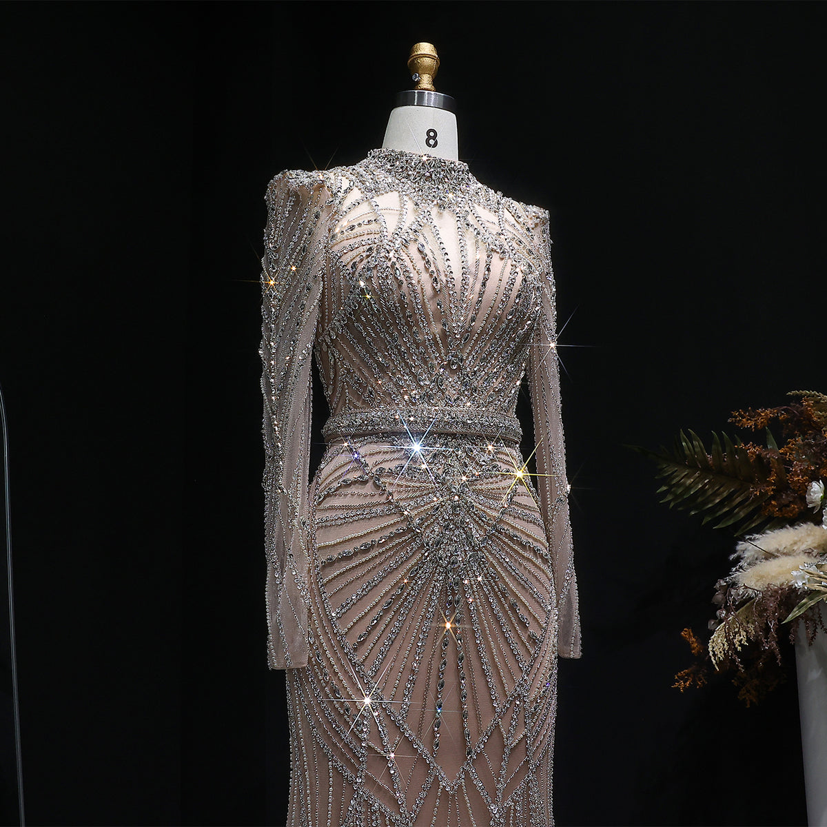 Luxury Wine Red Beaded Crystal Long Sleeve Evening Dress SS186 