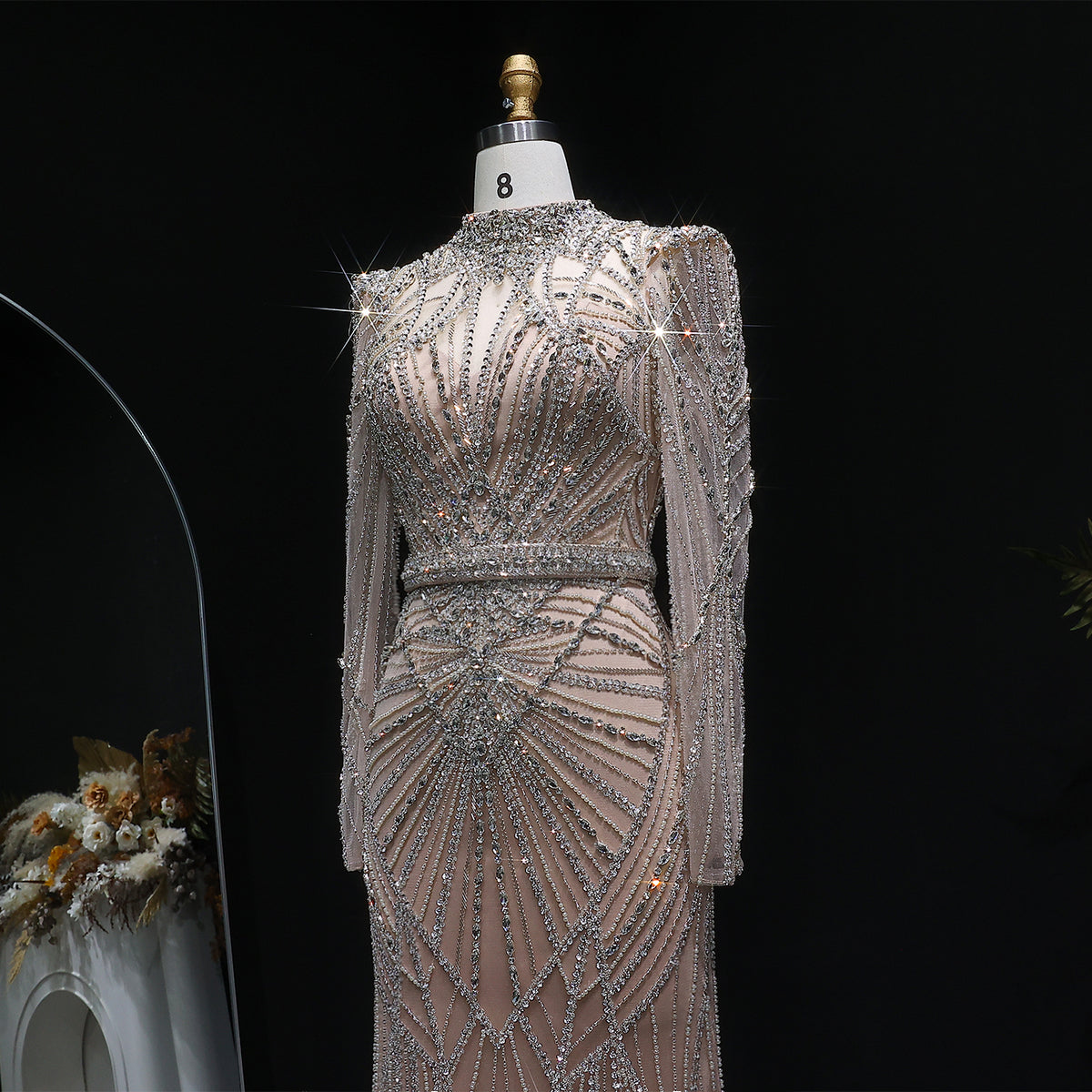 Luxury Wine Red Beaded Crystal Long Sleeve Evening Dress SS186 