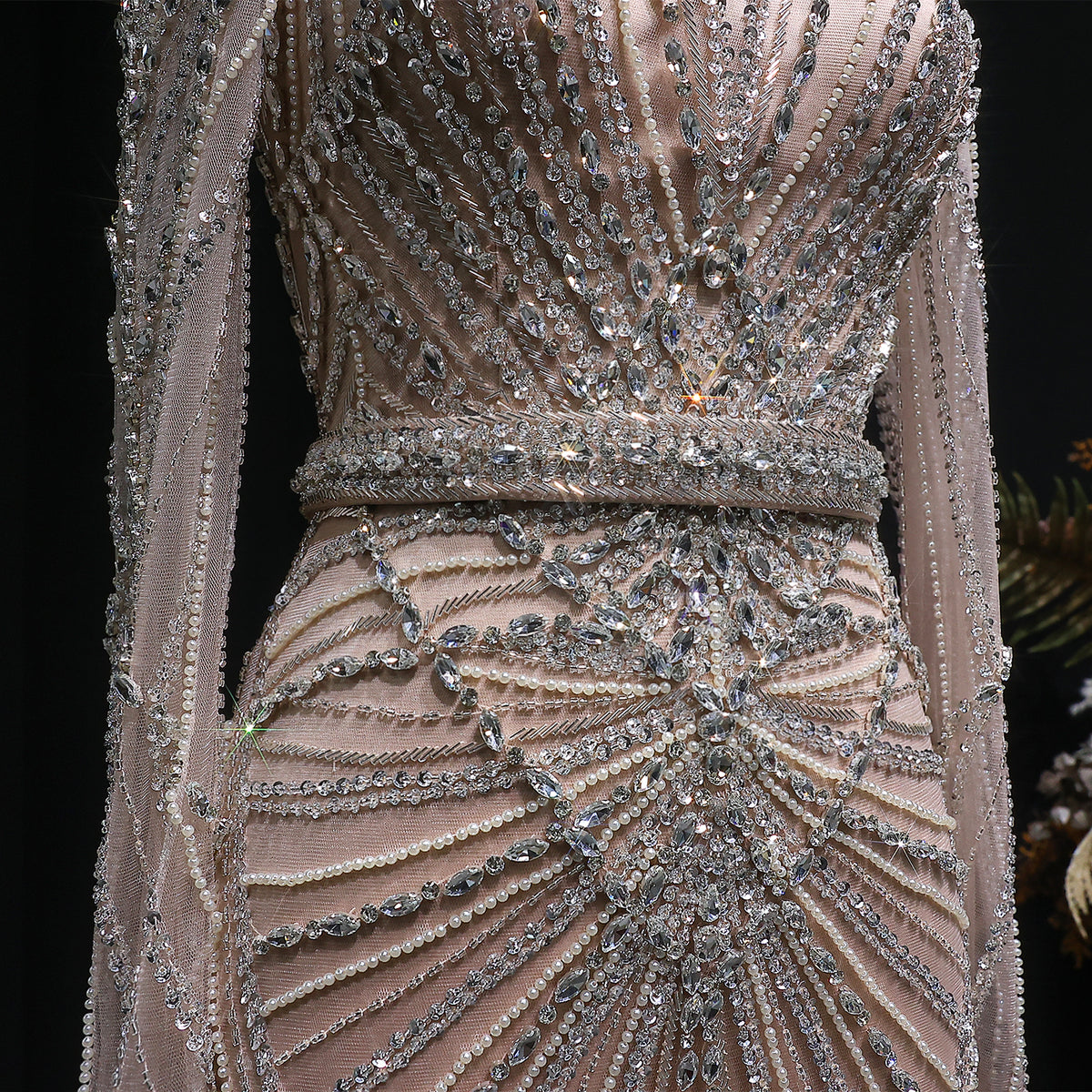 Luxury Wine Red Beaded Crystal Long Sleeve Evening Dress SS186 