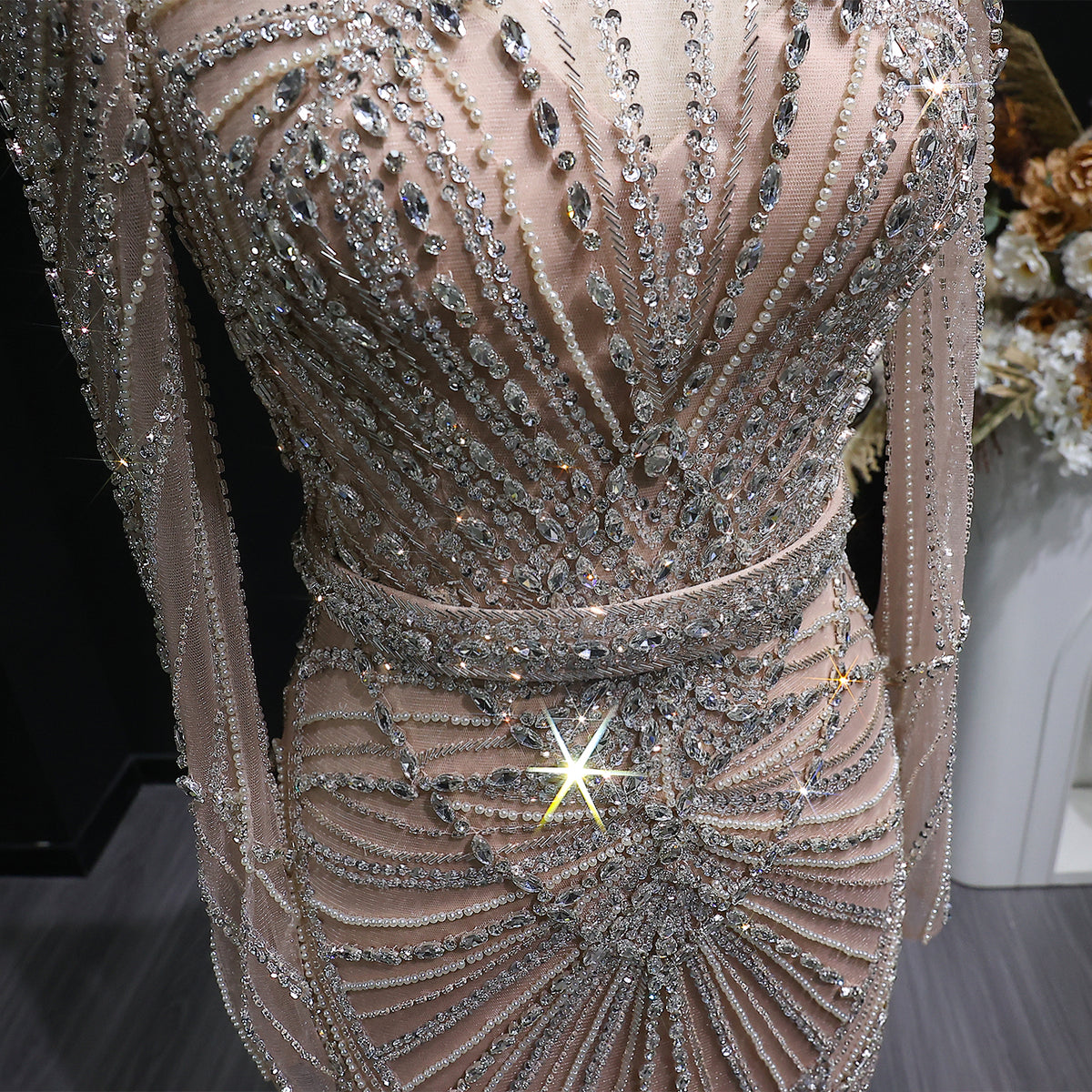 Luxury Wine Red Beaded Crystal Long Sleeve Evening Dress SS186 