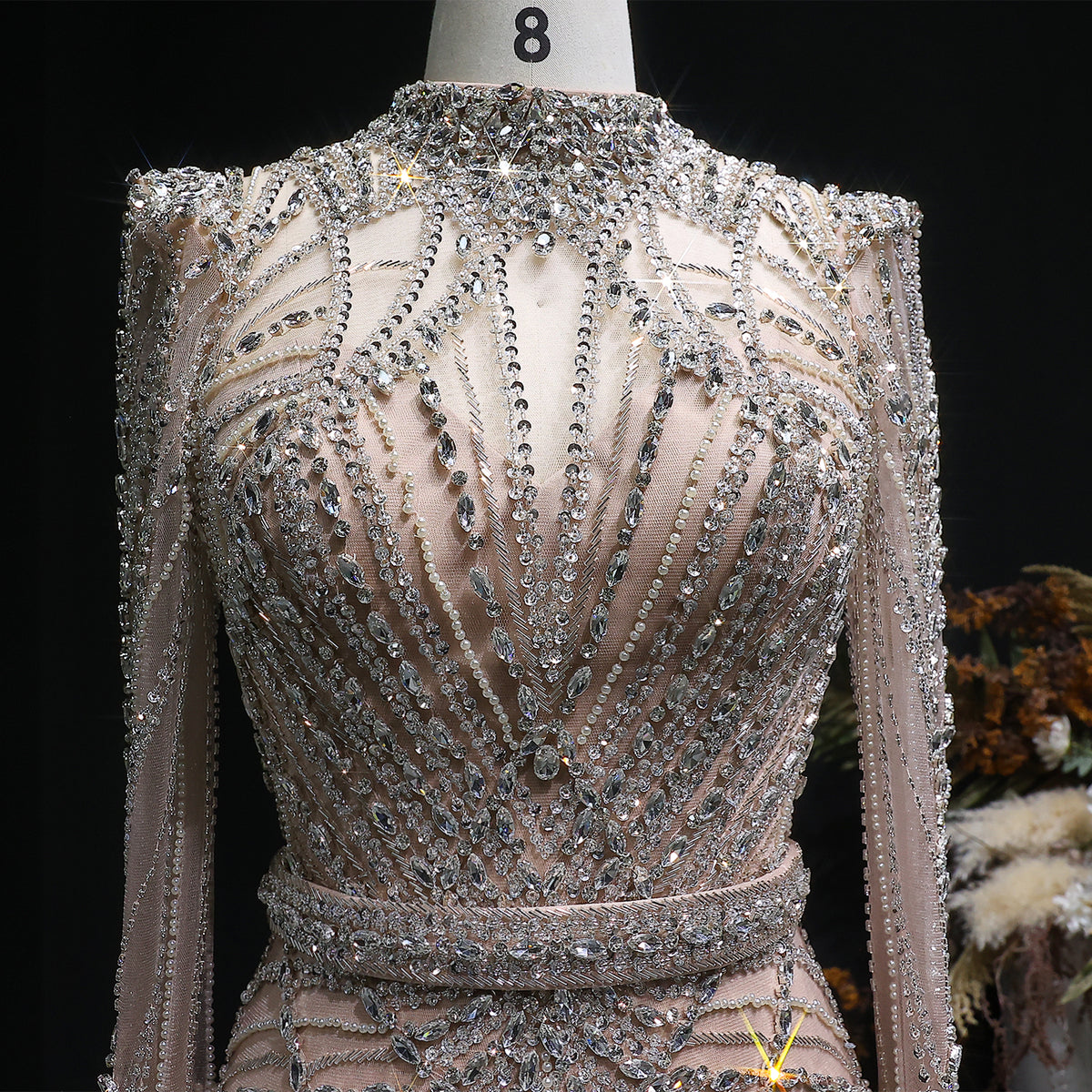 Luxury Wine Red Beaded Crystal Long Sleeve Evening Dress SS186 