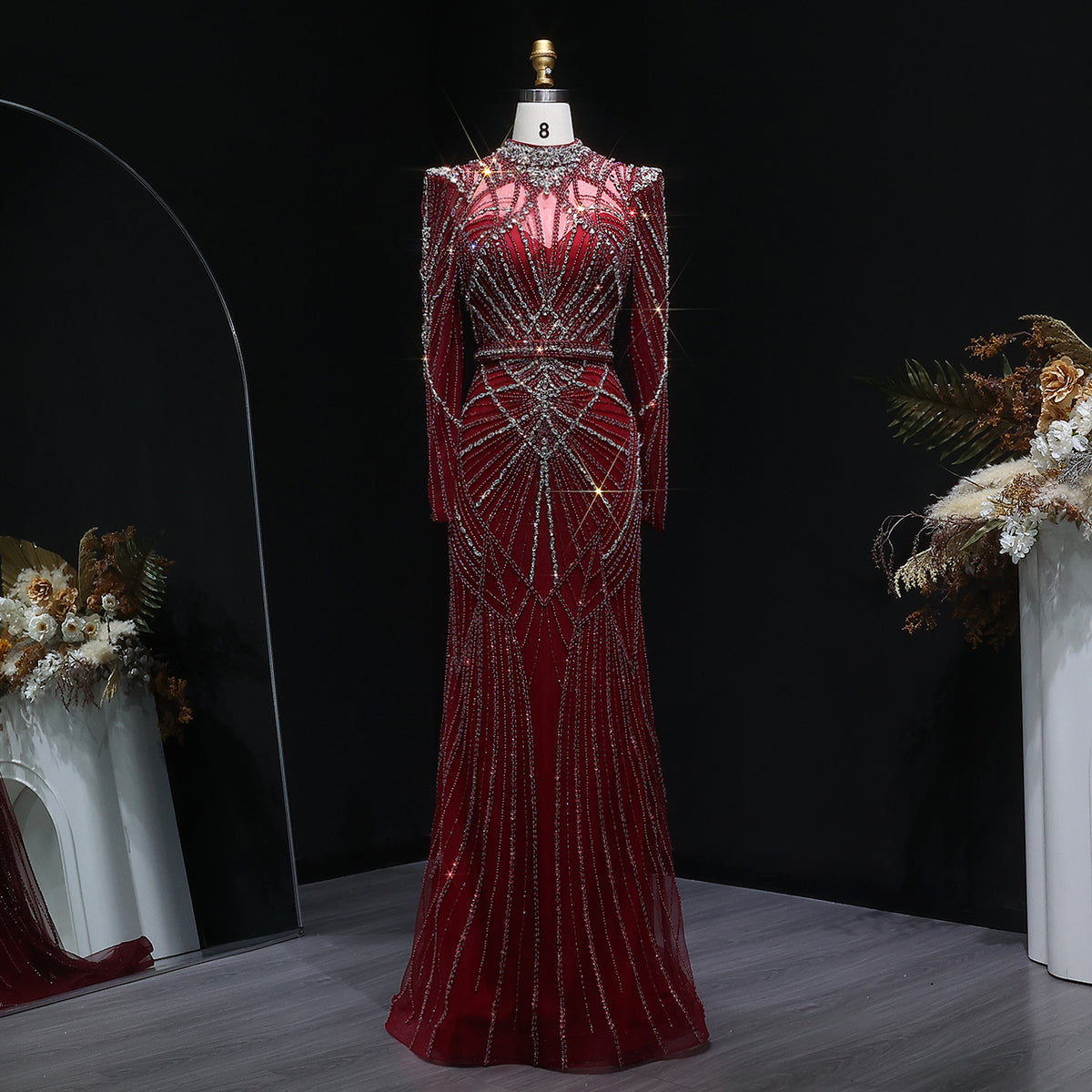 Luxury Wine Red Beaded Crystal Long Sleeve Evening Dress SS186 
