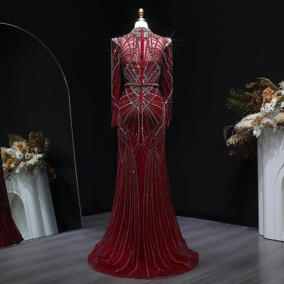 Luxury Wine Red Beaded Crystal Long Sleeve Evening Dress SS186 