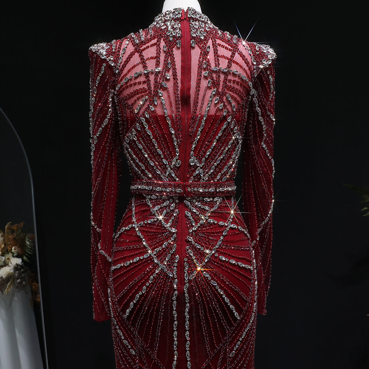 Luxury Wine Red Beaded Crystal Long Sleeve Evening Dress SS186 