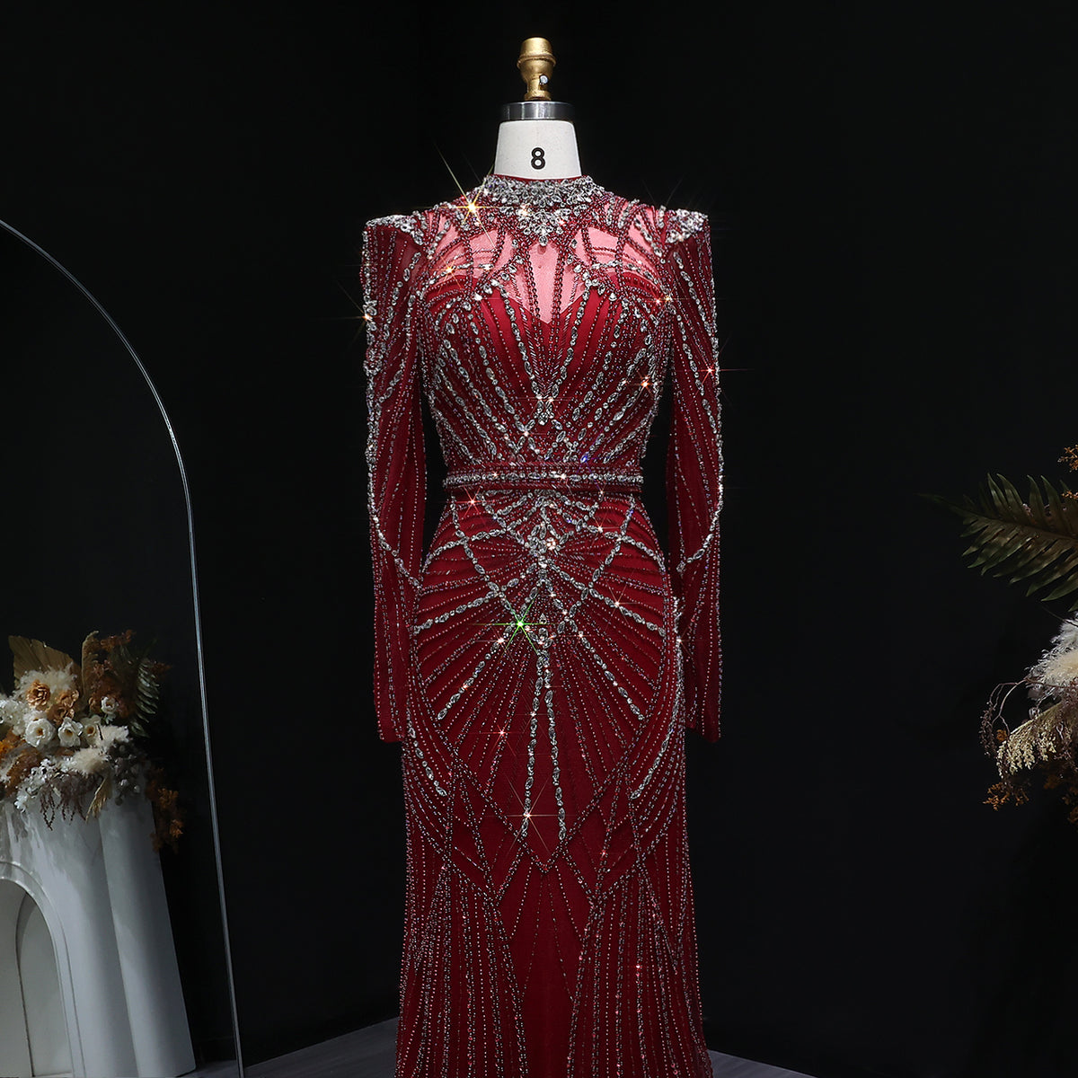 Luxury Wine Red Beaded Crystal Long Sleeve Evening Dress SS186 
