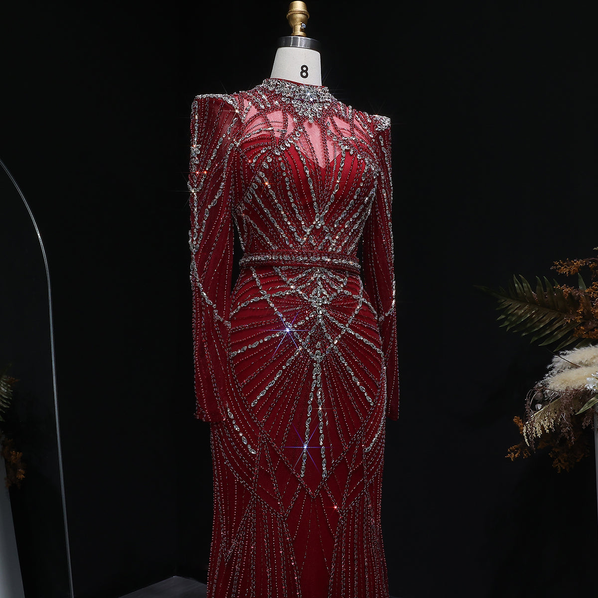 Luxury Wine Red Beaded Crystal Long Sleeve Evening Dress SS186 
