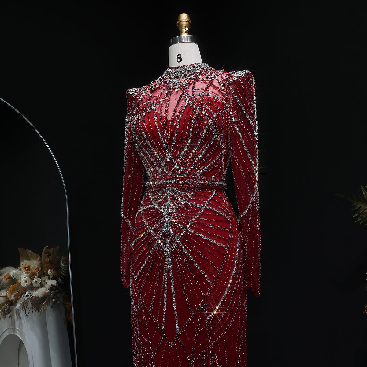 Luxury Wine Red Beaded Crystal Long Sleeve Evening Dress SS186 