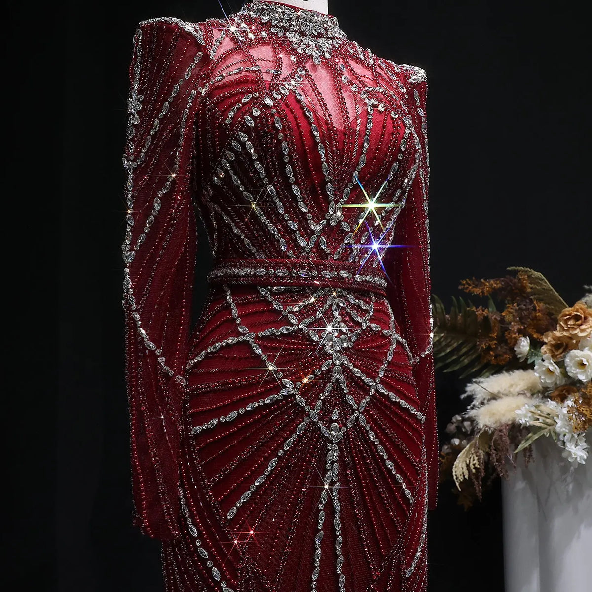 Luxury Wine Red Beaded Crystal Long Sleeve Evening Dress SS186 Luxury Wine Red Beaded Crystal Long Sleeve Evening Dress SS186