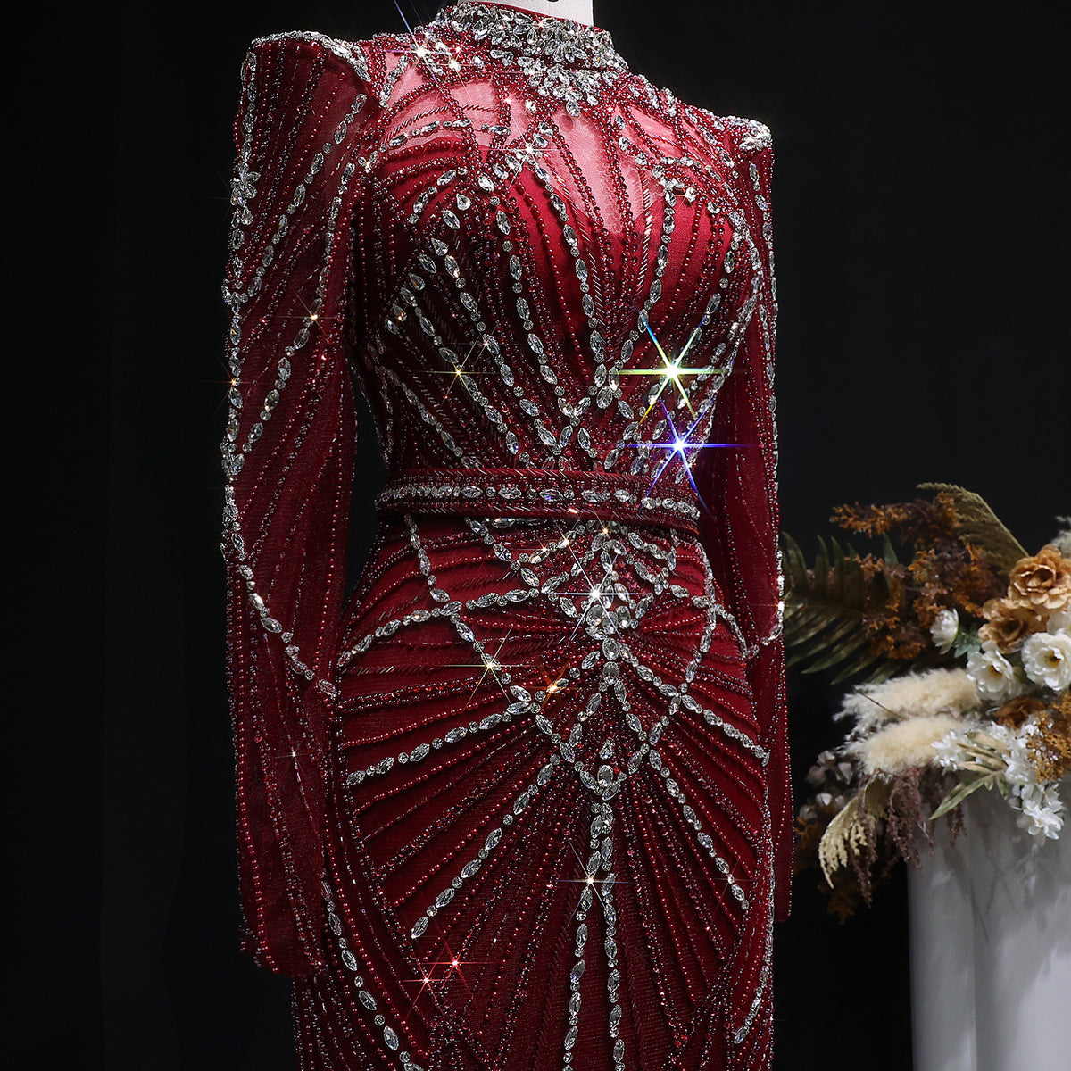 Luxury Wine Red Beaded Crystal Long Sleeve Evening Dress SS186 