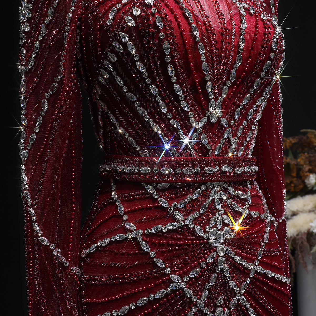Luxury Wine Red Beaded Crystal Long Sleeve Evening Dress SS186 