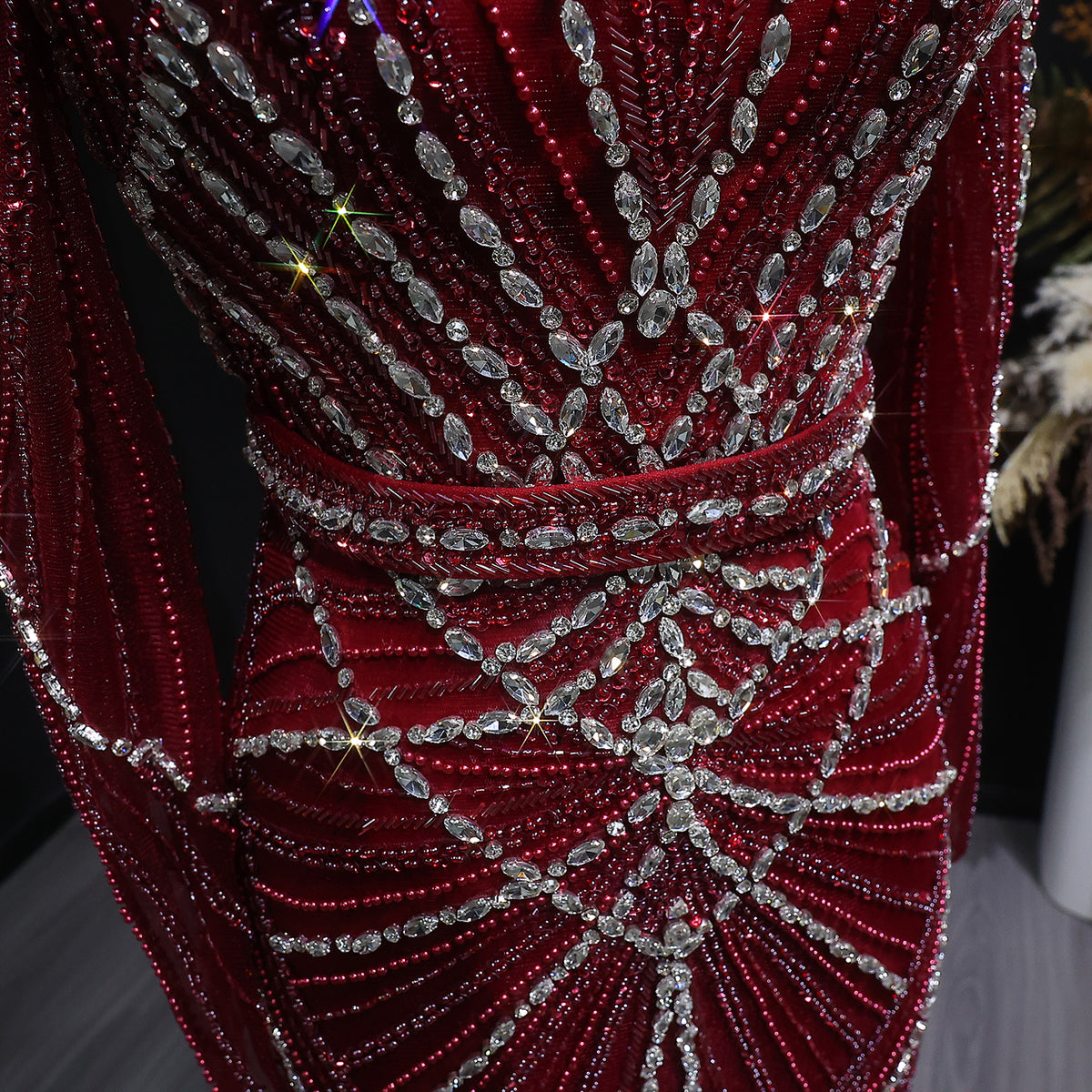 Luxury Wine Red Beaded Crystal Long Sleeve Evening Dress SS186 