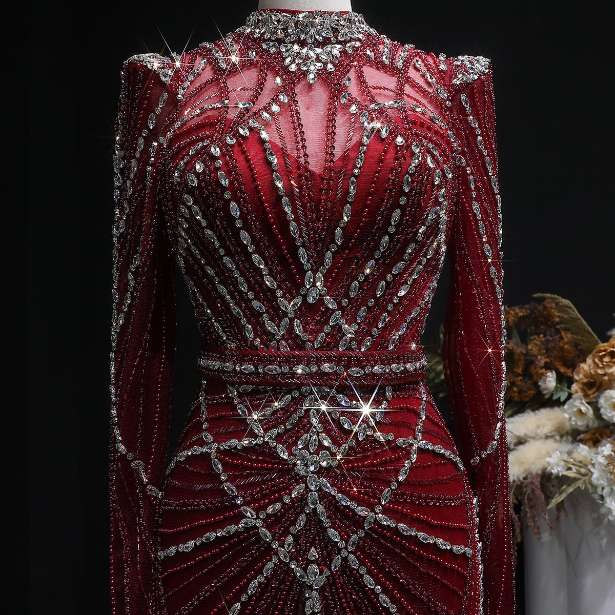 Luxury Wine Red Beaded Crystal Long Sleeve Evening Dress SS186 