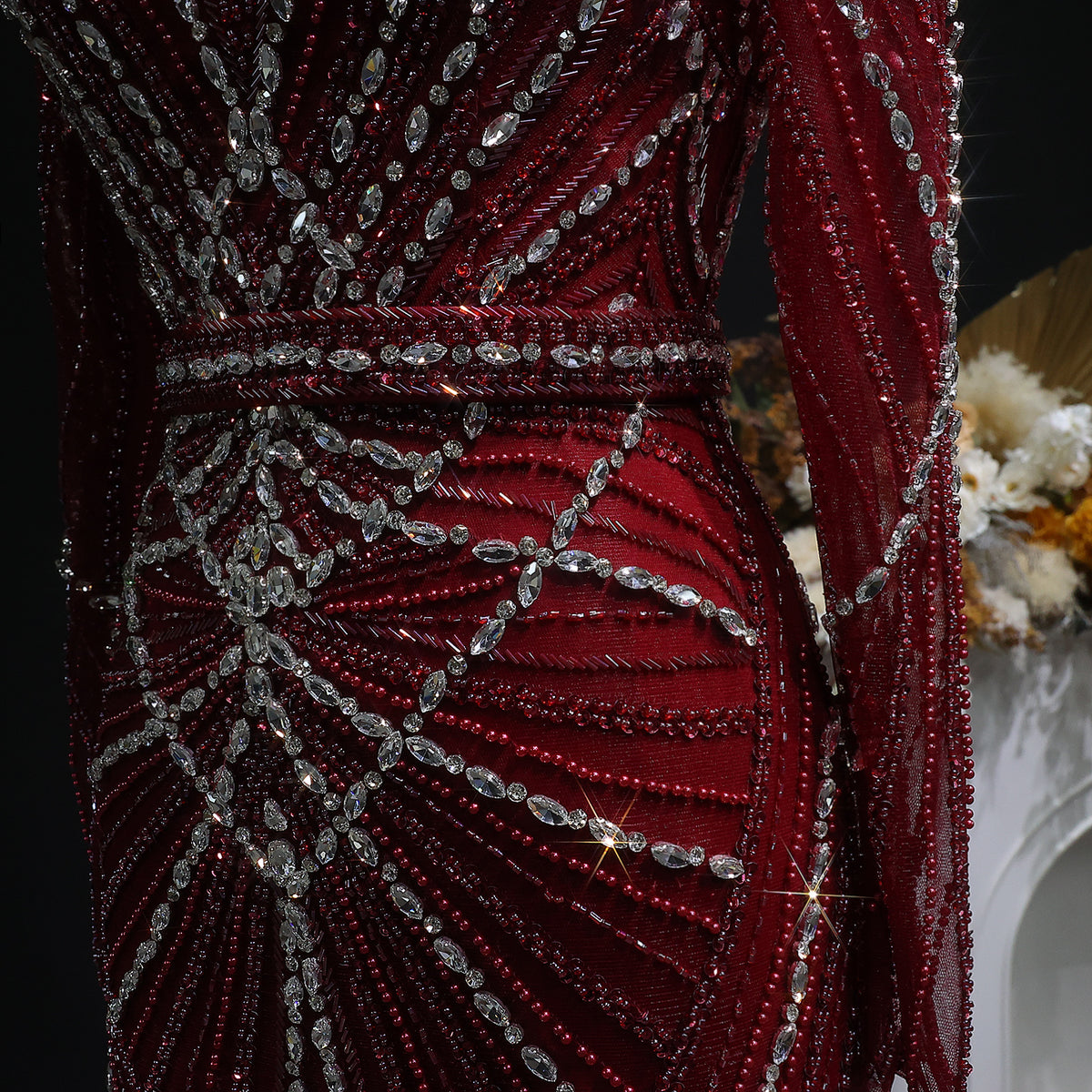 Luxury Wine Red Beaded Crystal Long Sleeve Evening Dress SS186 
