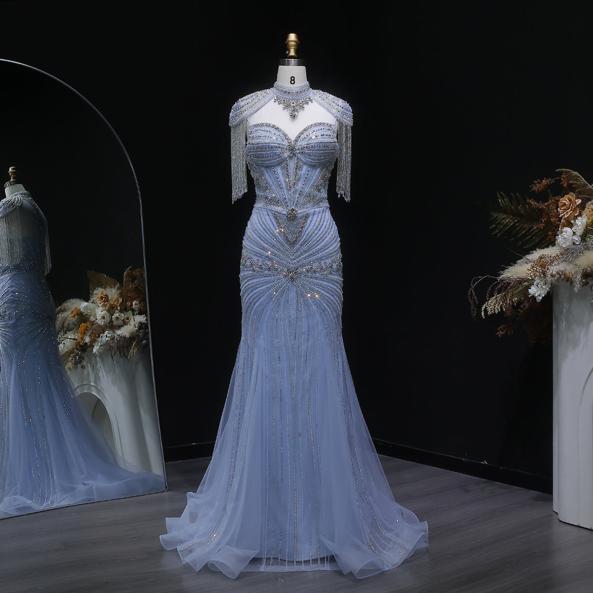 Luxury Blue Beaded Evening Dress with Shoulder Tassels SS190 