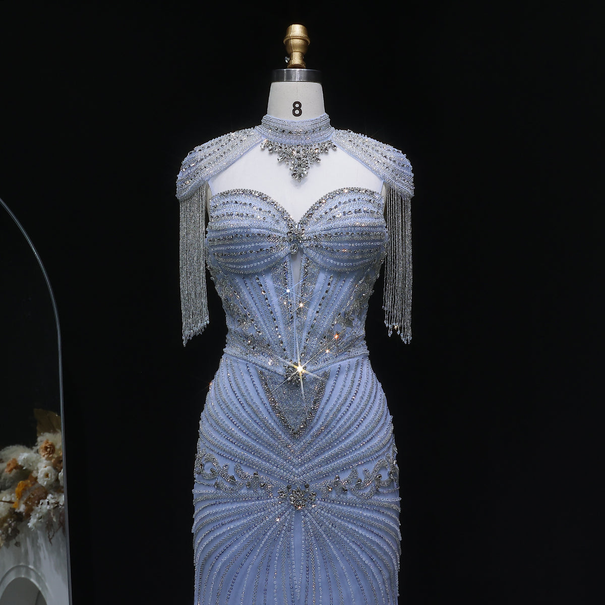 Luxury Blue Beaded Evening Dress with Shoulder Tassels SS190 