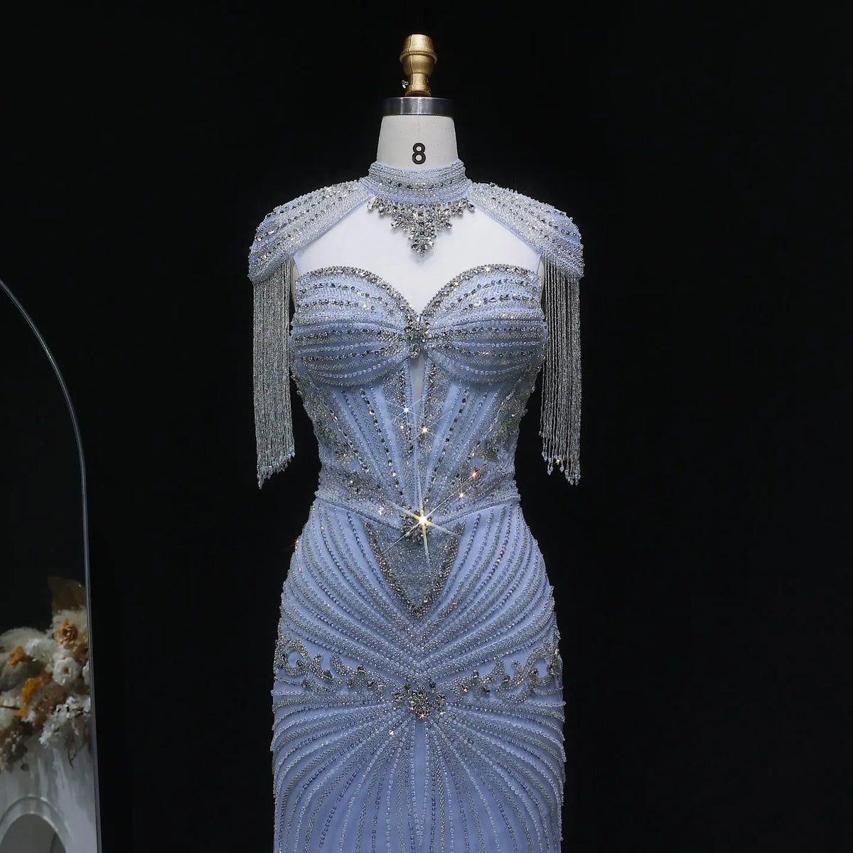 Luxury Blue Beaded Evening Dress with Shoulder Tassels SS190 