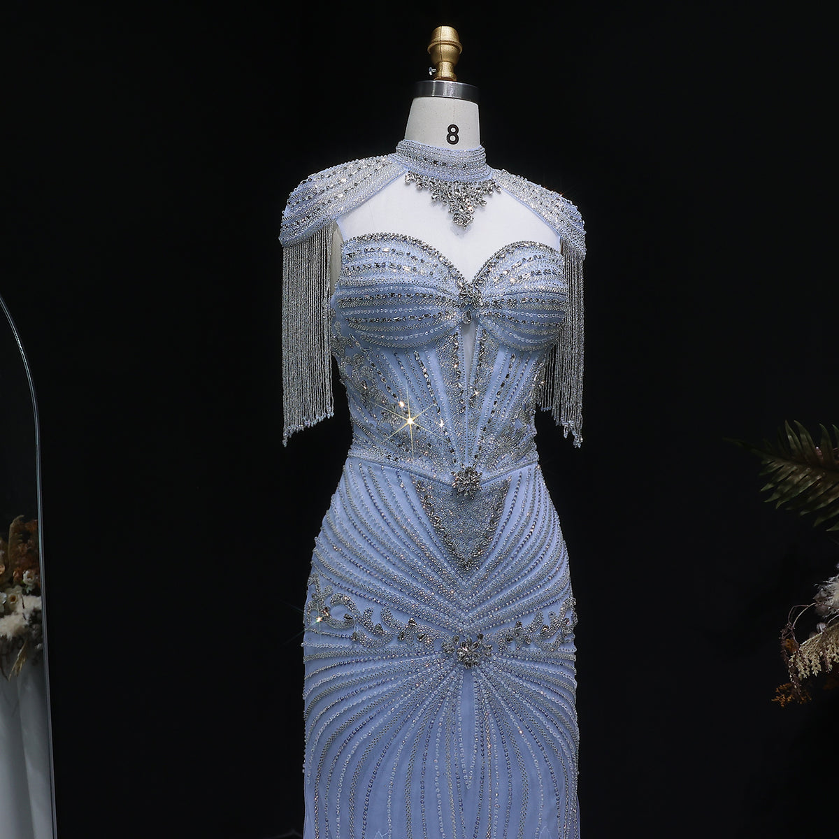 Luxury Blue Beaded Evening Dress with Shoulder Tassels SS190 