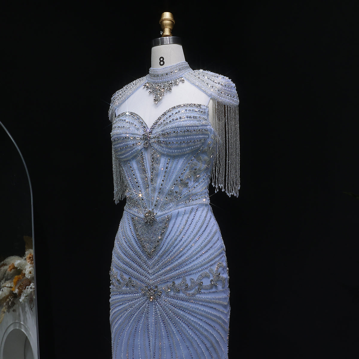 Luxury Blue Beaded Evening Dress with Shoulder Tassels SS190 