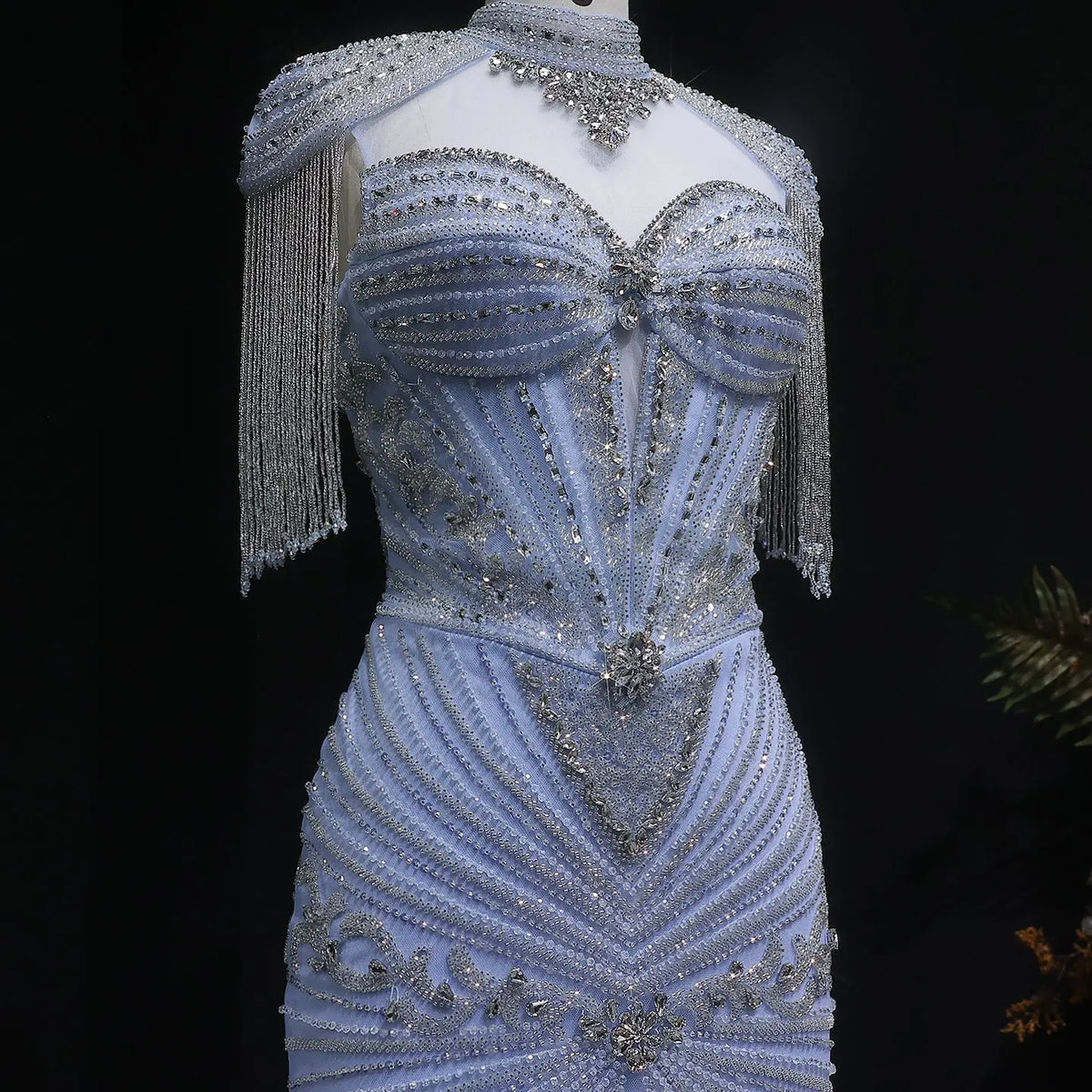 Luxury Blue Beaded Evening Dress with Shoulder Tassels SS190