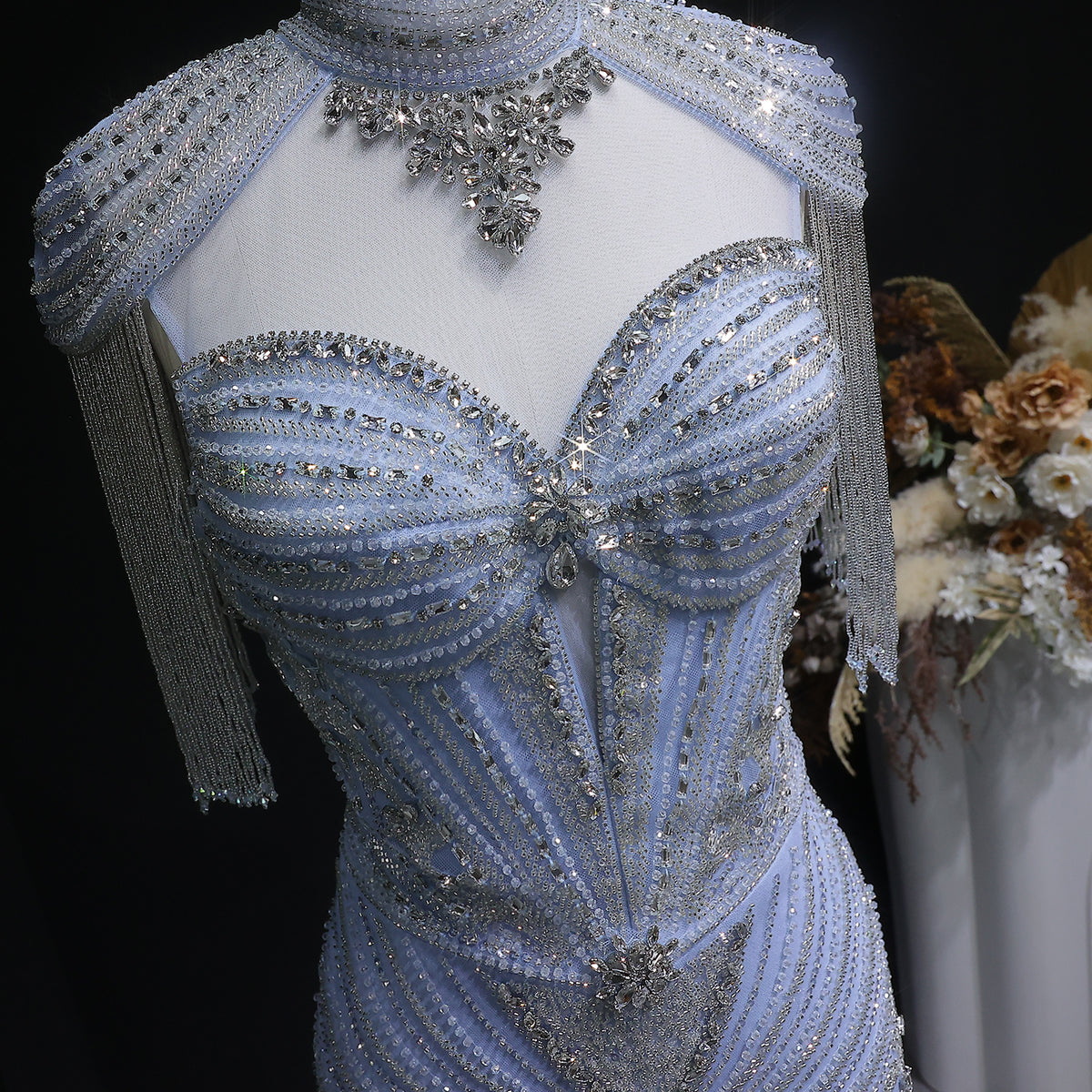 Luxury Blue Beaded Evening Dress with Shoulder Tassels SS190 