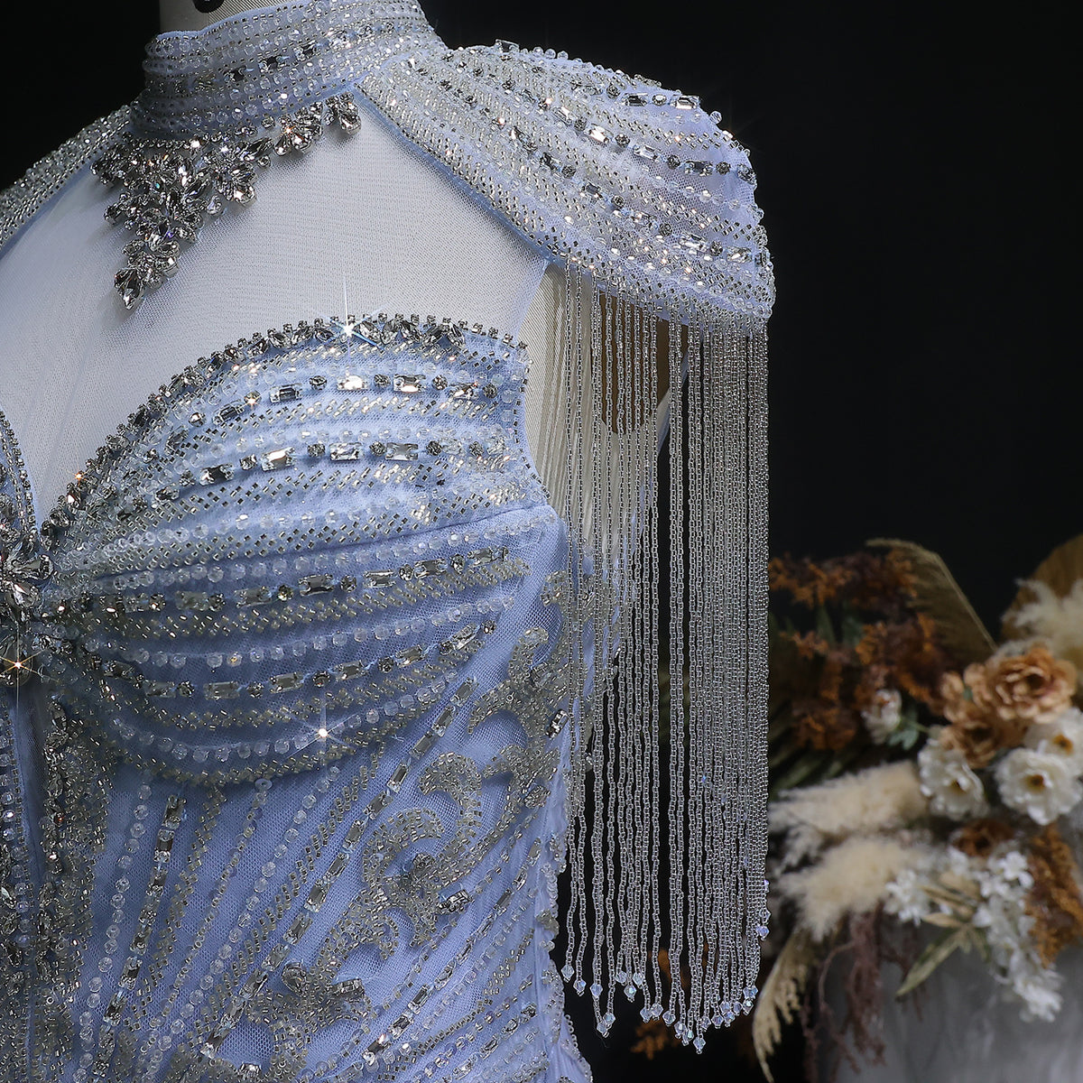 Luxury Blue Beaded Evening Dress with Shoulder Tassels SS190 