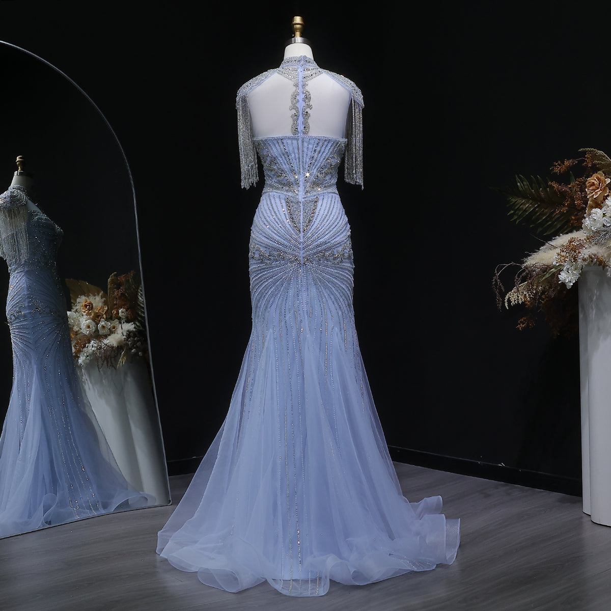 Luxury Blue Beaded Evening Dress with Shoulder Tassels SS190 