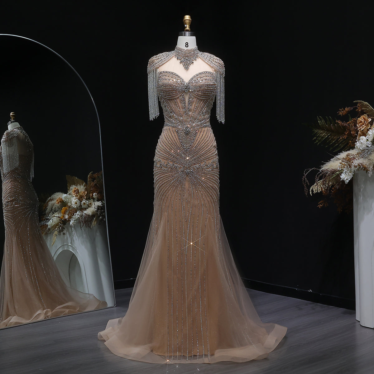 Luxury Blue Beaded Evening Dress with Shoulder Tassels SS190 