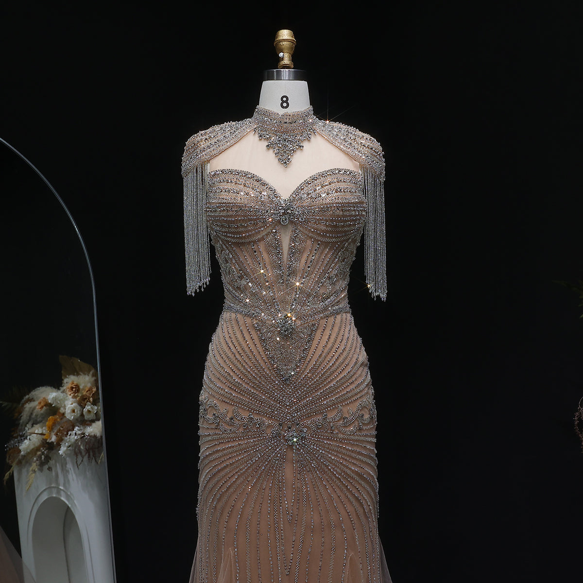 Luxury Blue Beaded Evening Dress with Shoulder Tassels SS190 