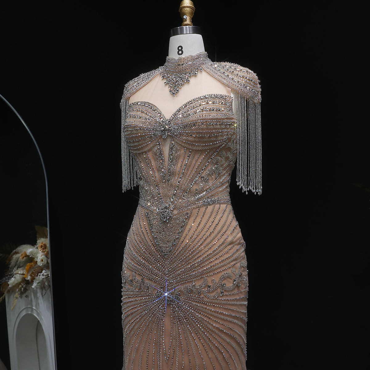 Luxury Blue Beaded Evening Dress with Shoulder Tassels SS190 