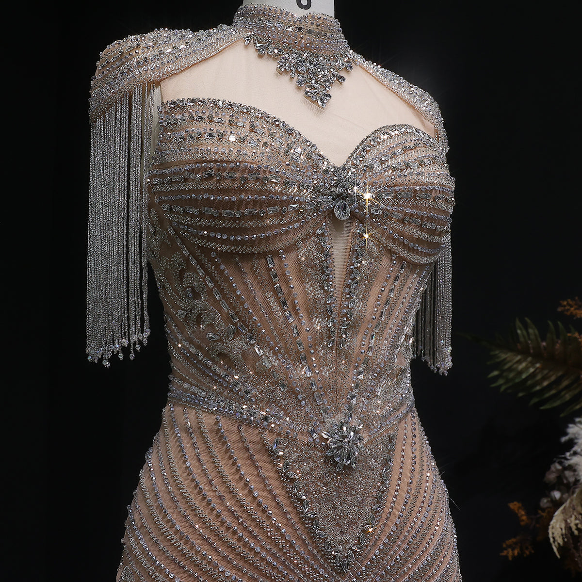 Luxury Blue Beaded Evening Dress with Shoulder Tassels SS190 