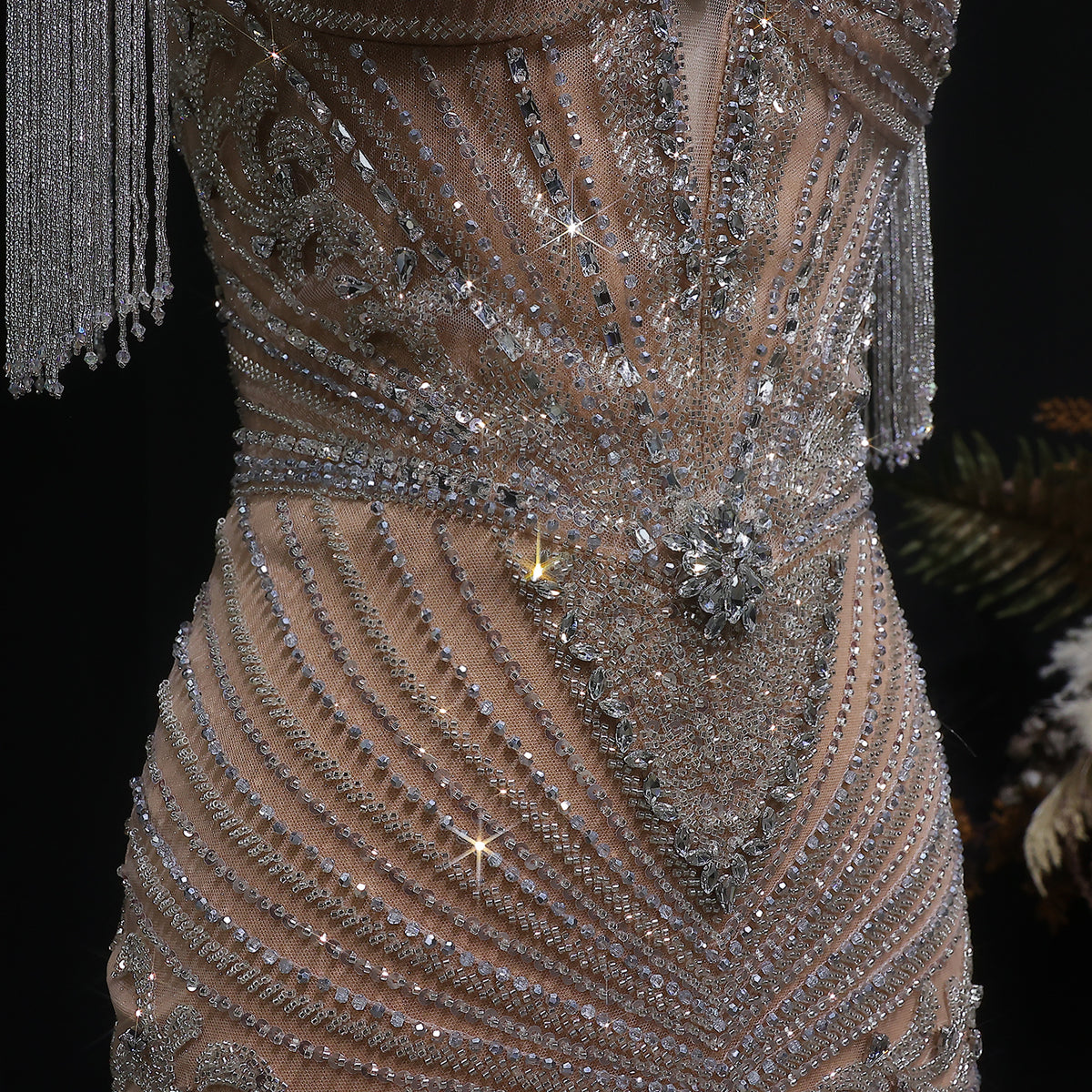 Luxury Blue Beaded Evening Dress with Shoulder Tassels SS190 