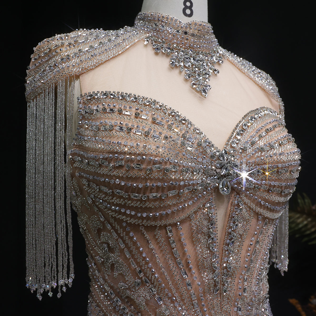 Luxury Blue Beaded Evening Dress with Shoulder Tassels SS190 