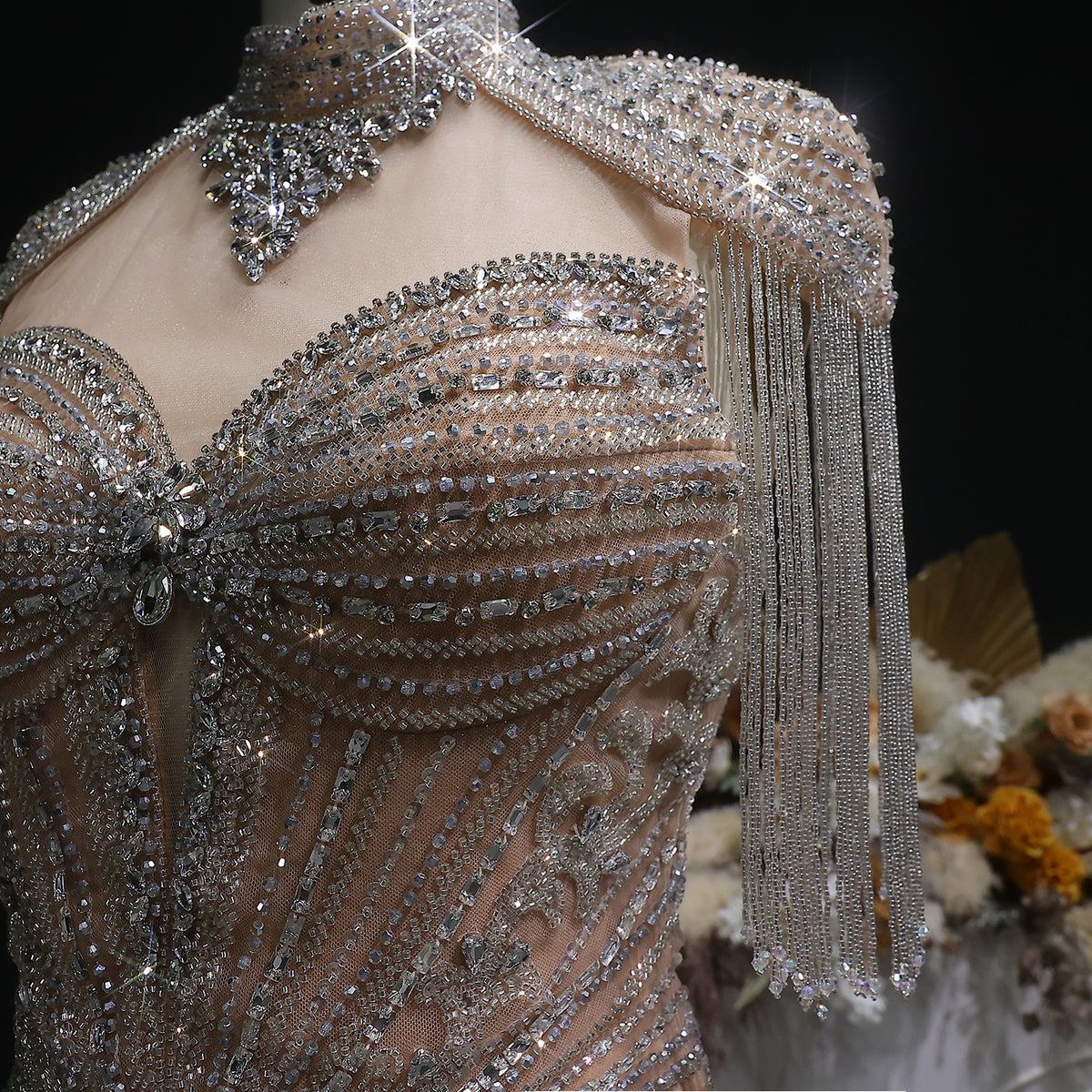 Luxury Blue Beaded Evening Dress with Shoulder Tassels SS190 