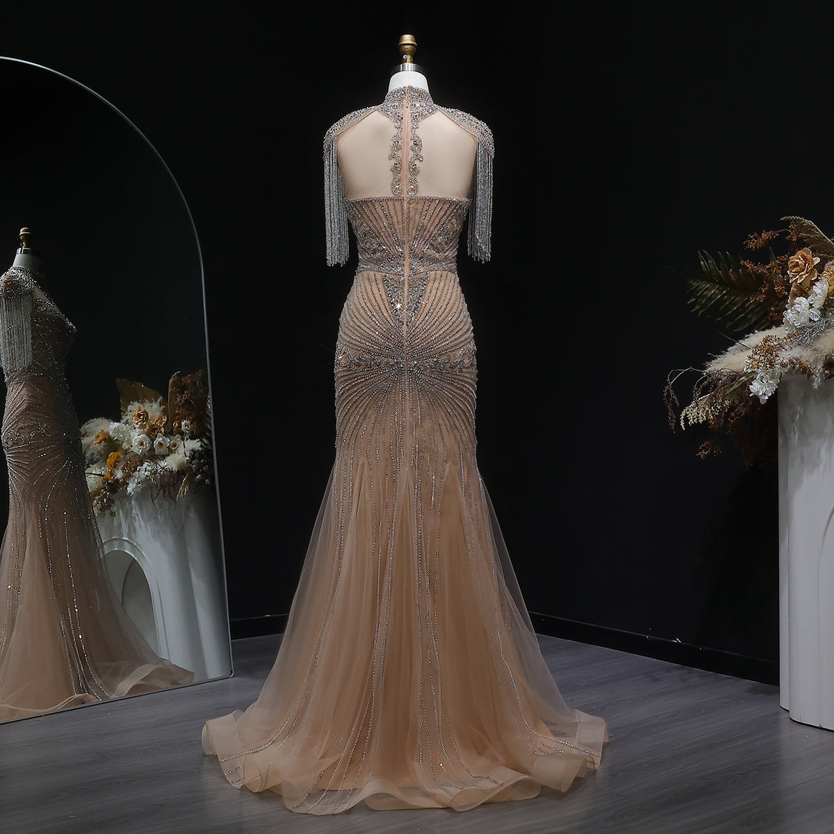 Luxury Blue Beaded Evening Dress with Shoulder Tassels SS190 