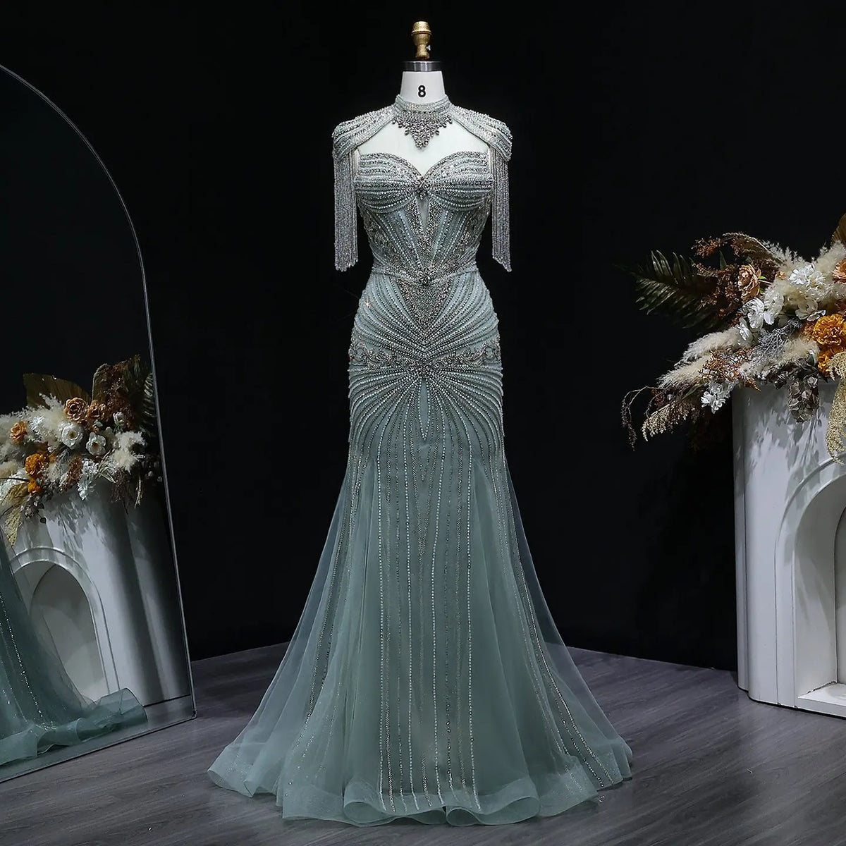 Luxury Blue Beaded Evening Dress with Shoulder Tassels SS190 