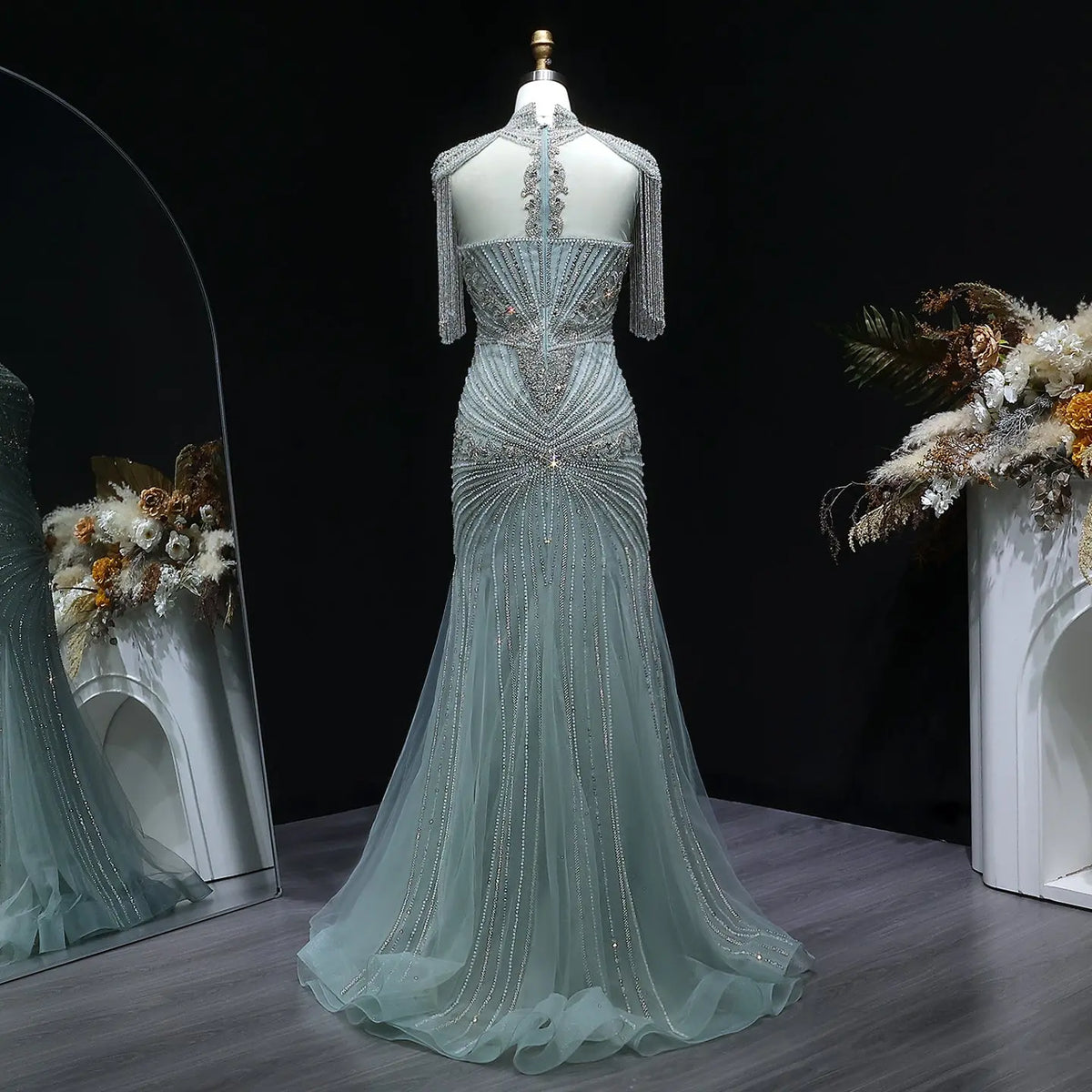 Luxury Blue Beaded Evening Dress with Shoulder Tassels SS190 