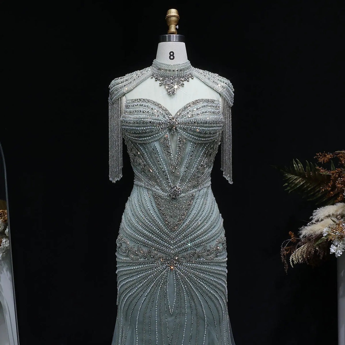 Luxury Blue Beaded Evening Dress with Shoulder Tassels SS190 