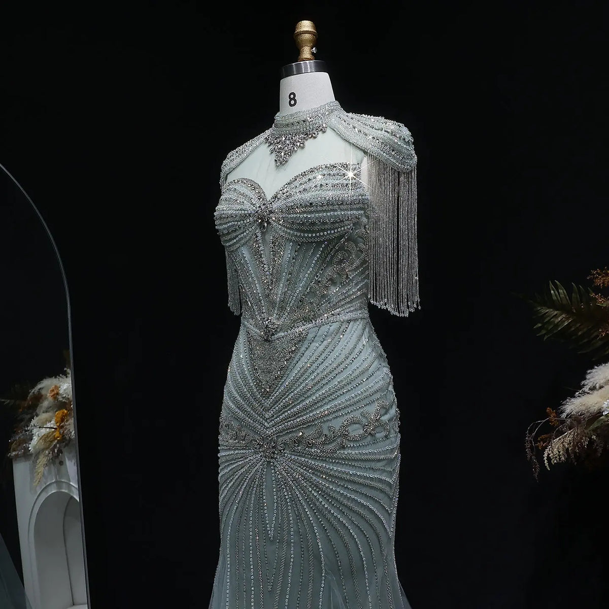 Luxury Blue Beaded Evening Dress with Shoulder Tassels SS190 