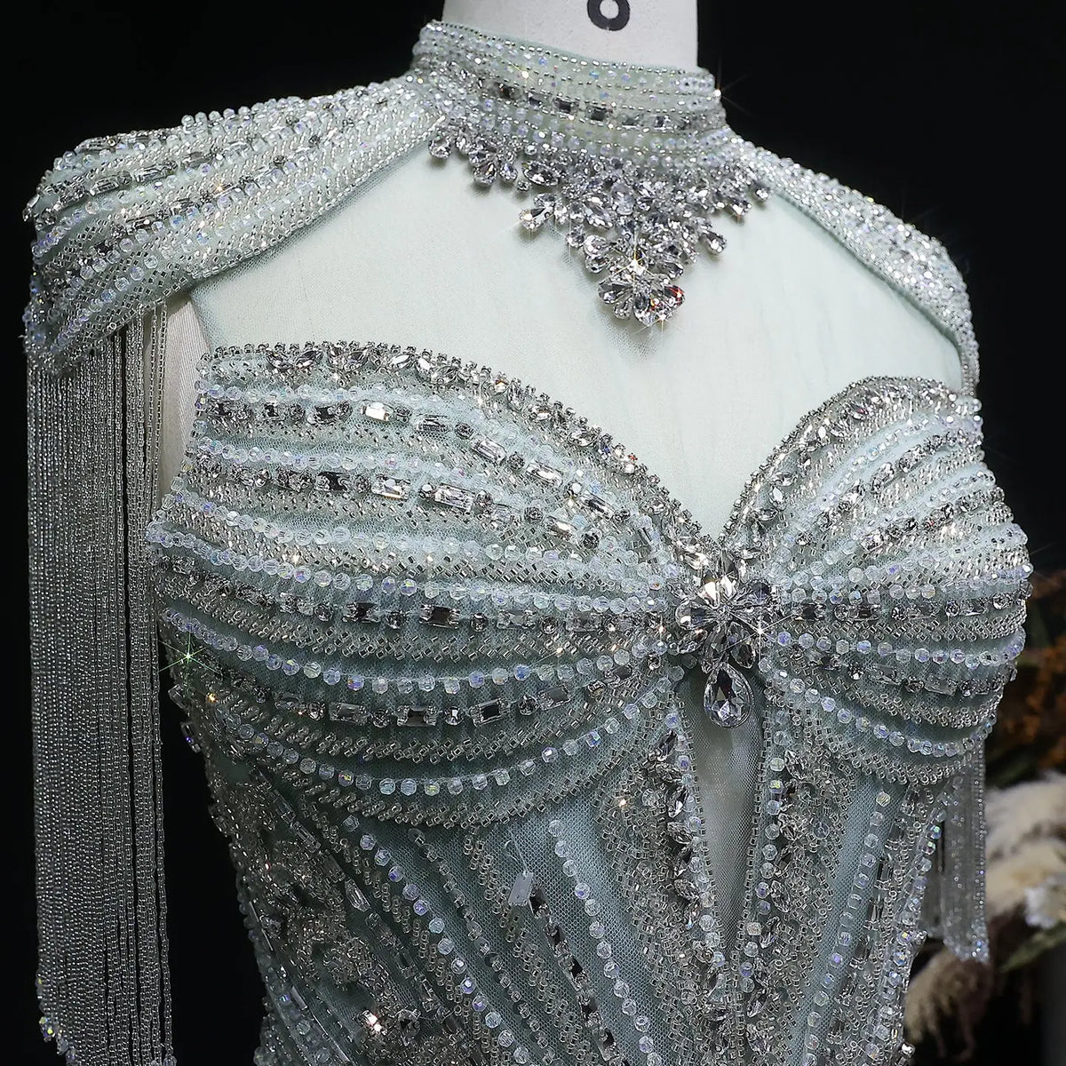 Luxury Blue Beaded Evening Dress with Shoulder Tassels SS190 